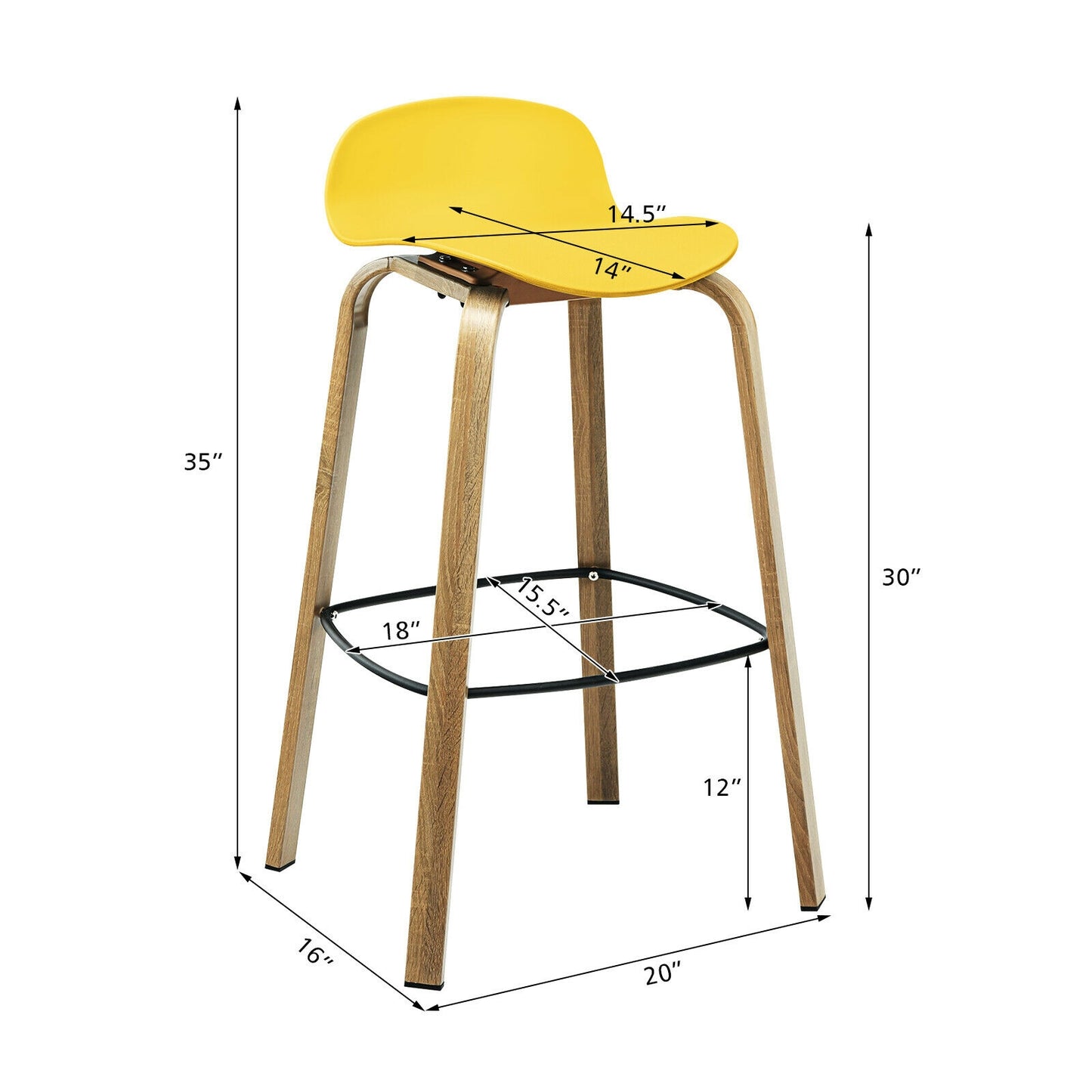 2 Pieces Contemporary Barstools with Low Back and Metal Legs Pub Chairs - Yellow
