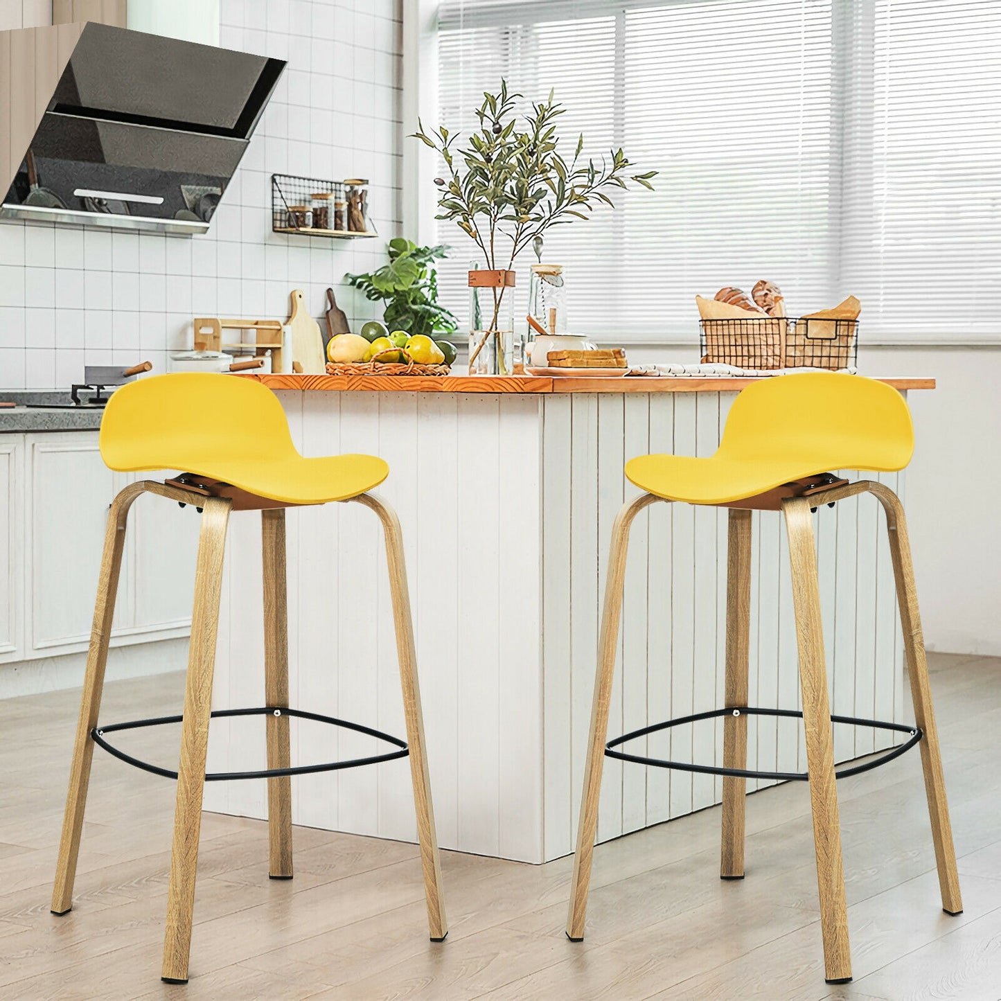 2 Pieces Contemporary Barstools with Low Back and Metal Legs Pub Chairs - Yellow