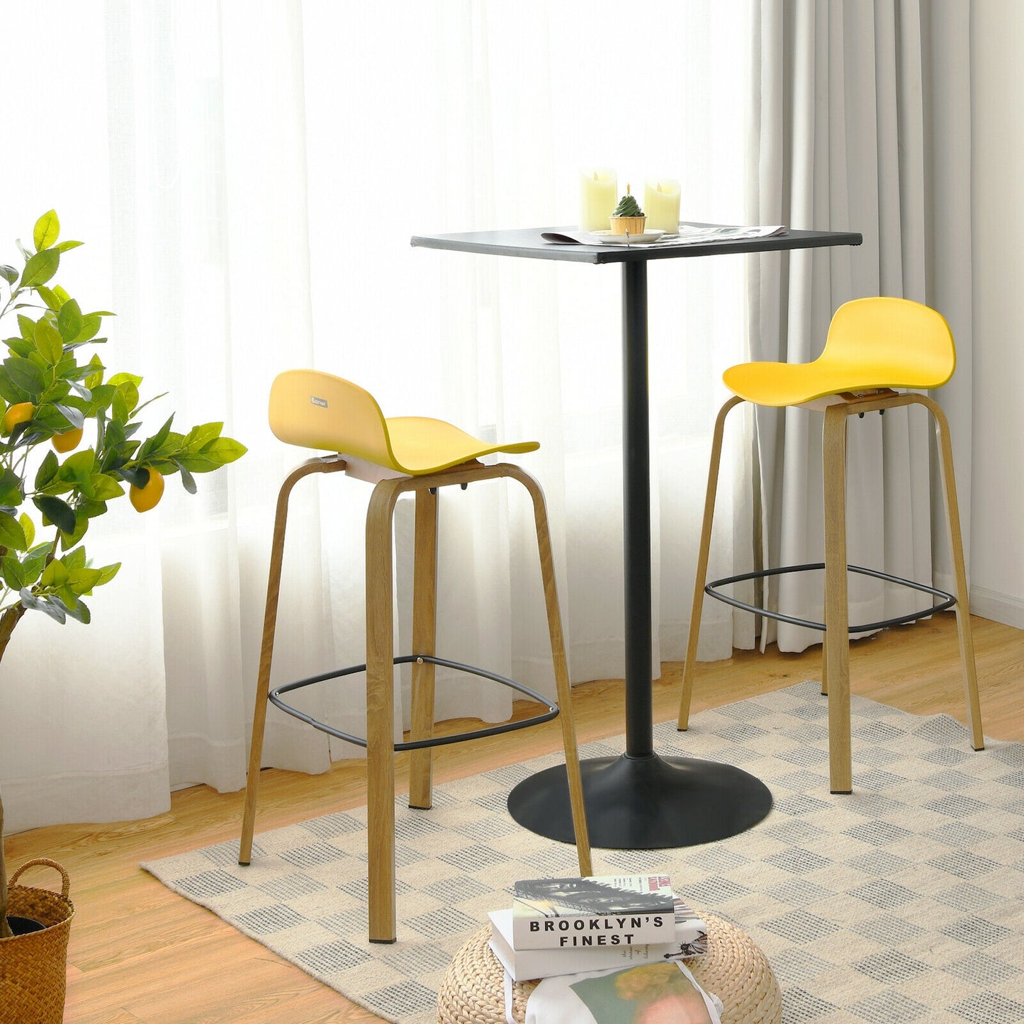 2 Pieces Contemporary Barstools with Low Back and Metal Legs Pub Chairs - Yellow