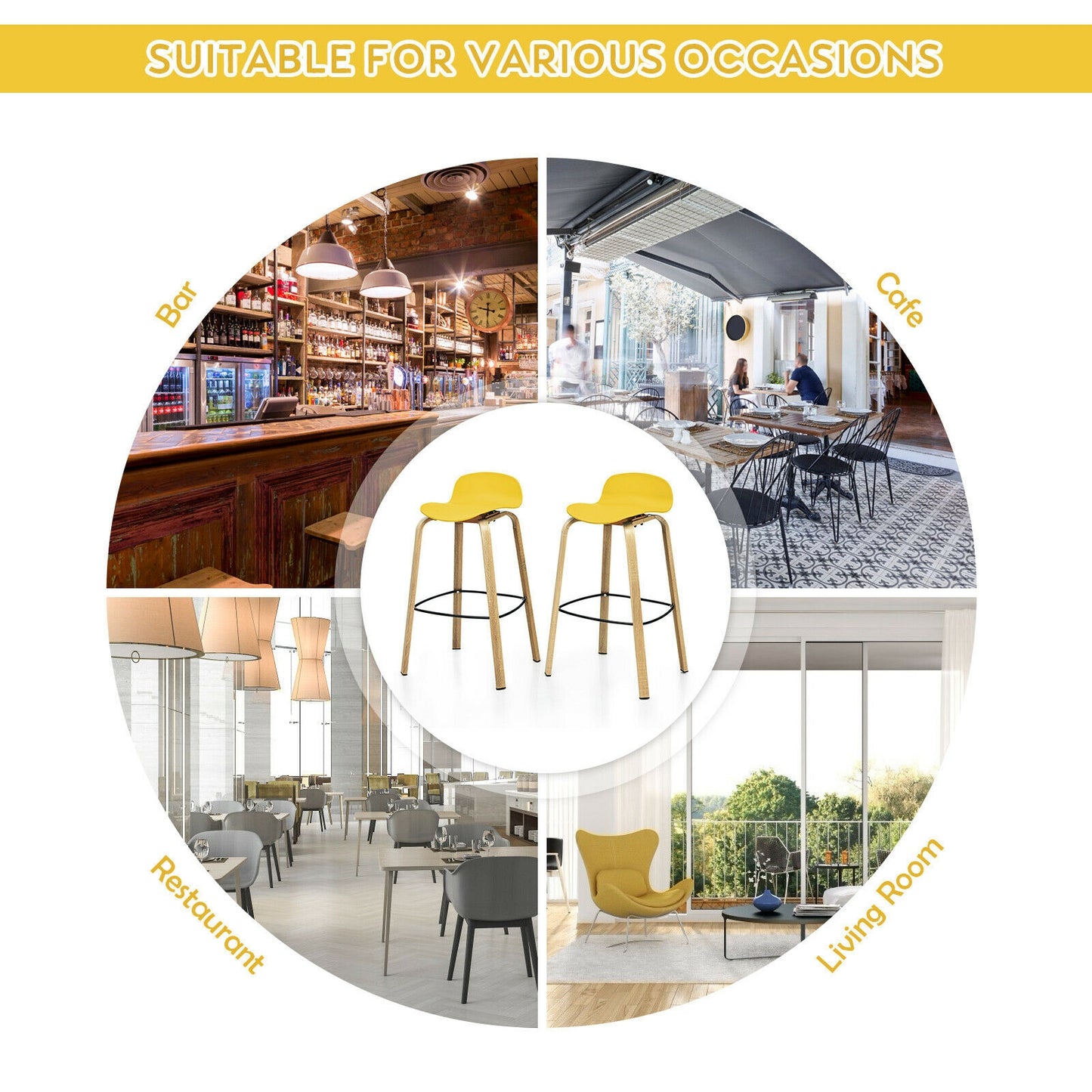 2 Pieces Contemporary Barstools with Low Back and Metal Legs Pub Chairs - Yellow