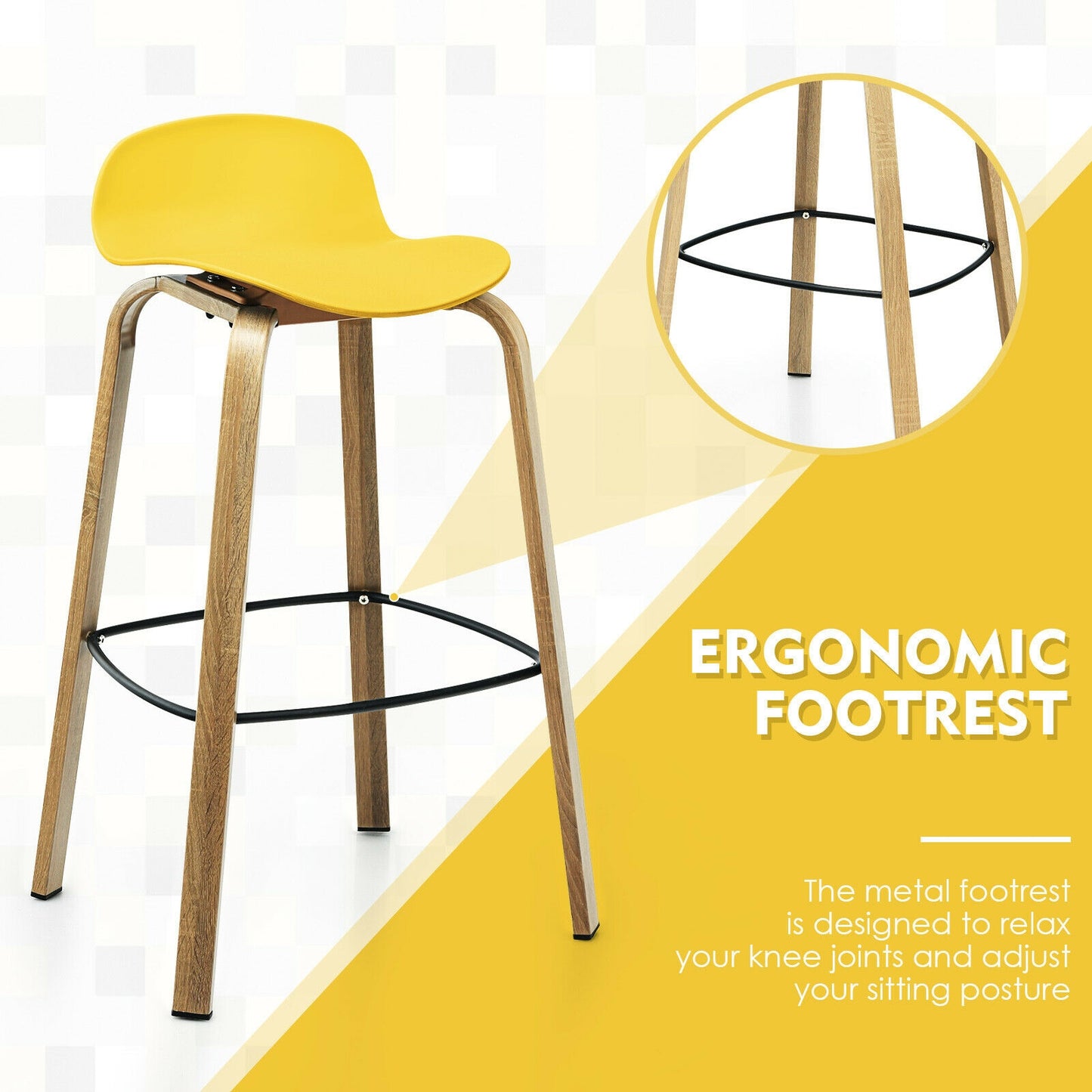 2 Pieces Contemporary Barstools with Low Back and Metal Legs Pub Chairs - Yellow