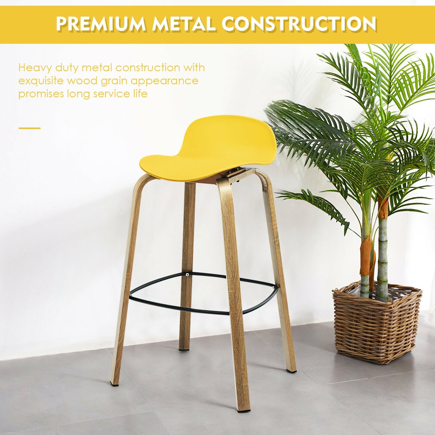 2 Pieces Contemporary Barstools with Low Back and Metal Legs Pub Chairs - Yellow