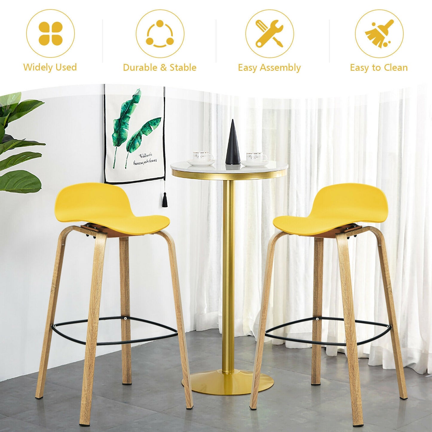 2 Pieces Contemporary Barstools with Low Back and Metal Legs Pub Chairs - Yellow