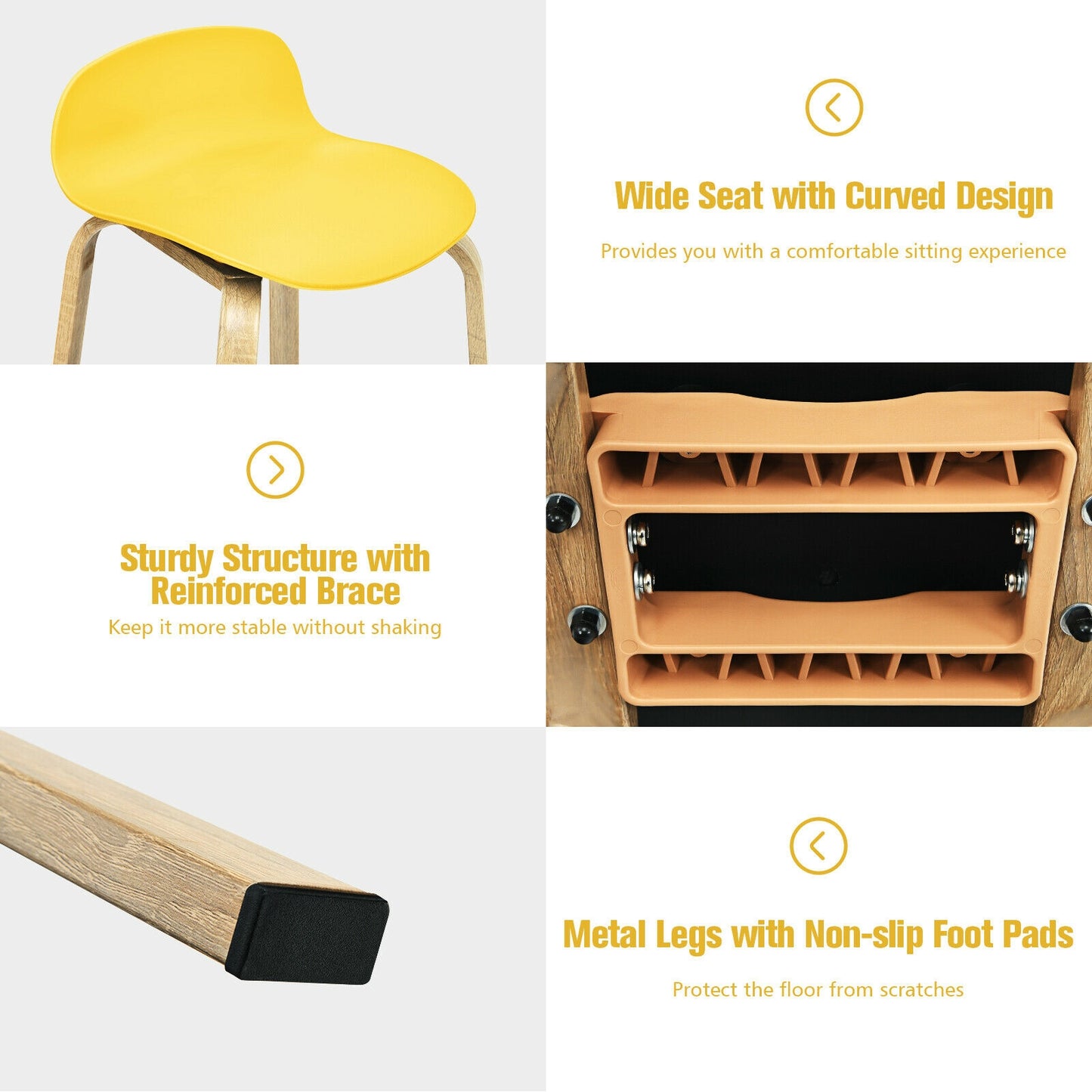 2 Pieces Contemporary Barstools with Low Back and Metal Legs Pub Chairs - Yellow