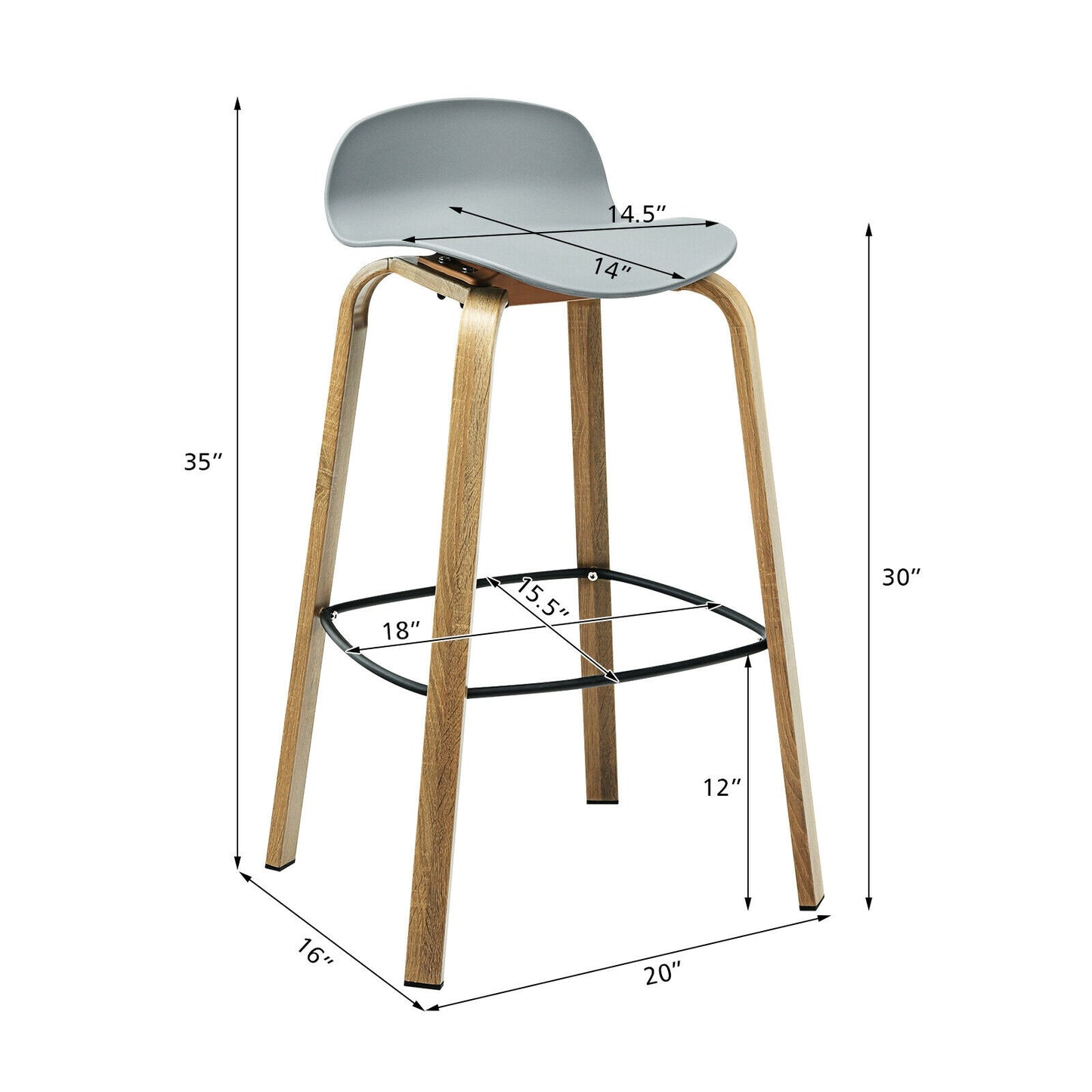 2 Pieces Contemporary Barstools with Low Back and Metal Legs Pub Chairs - Grey