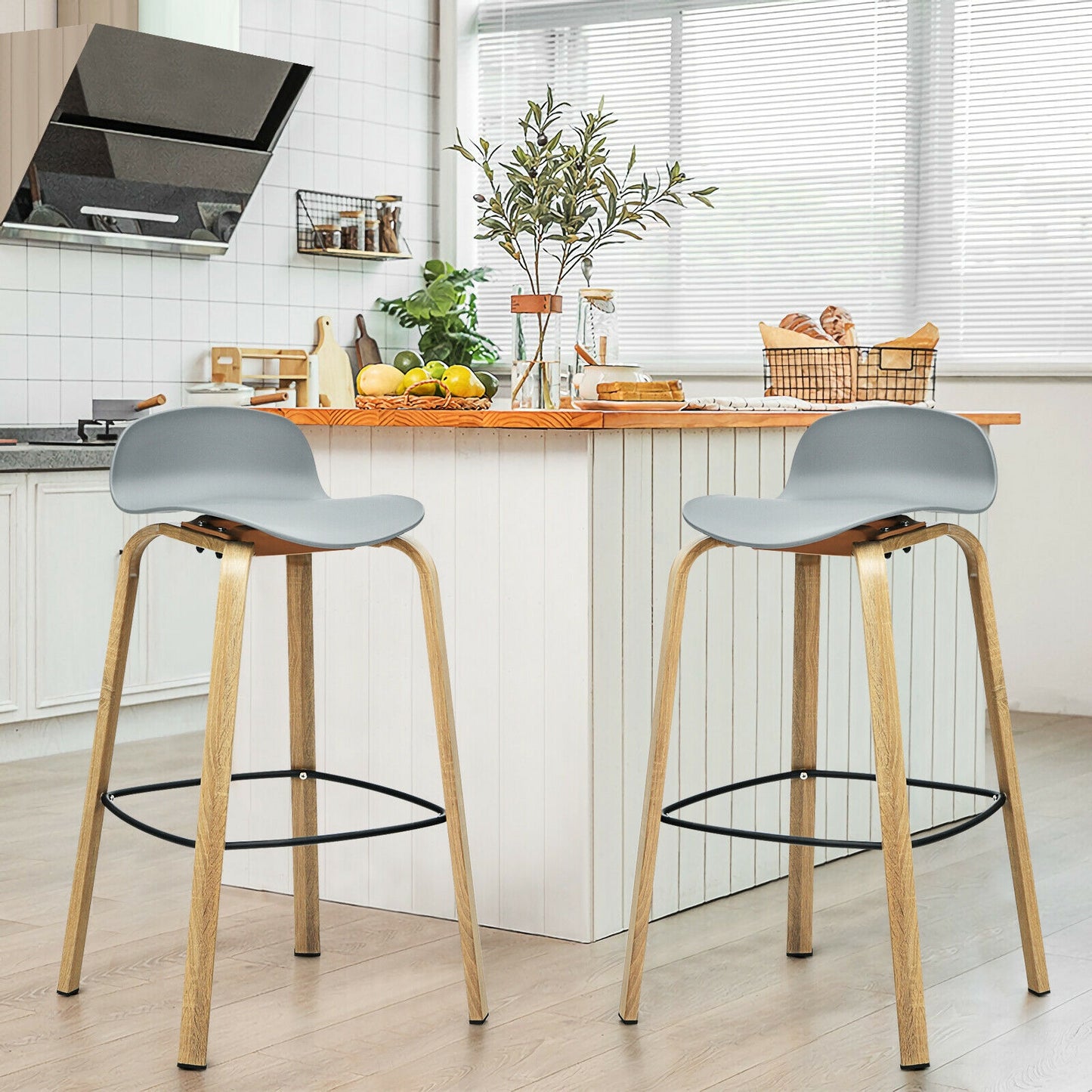 2 Pieces Contemporary Barstools with Low Back and Metal Legs Pub Chairs - Grey