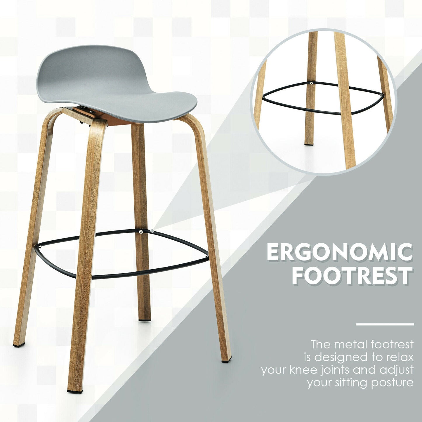 2 Pieces Contemporary Barstools with Low Back and Metal Legs Pub Chairs - Grey