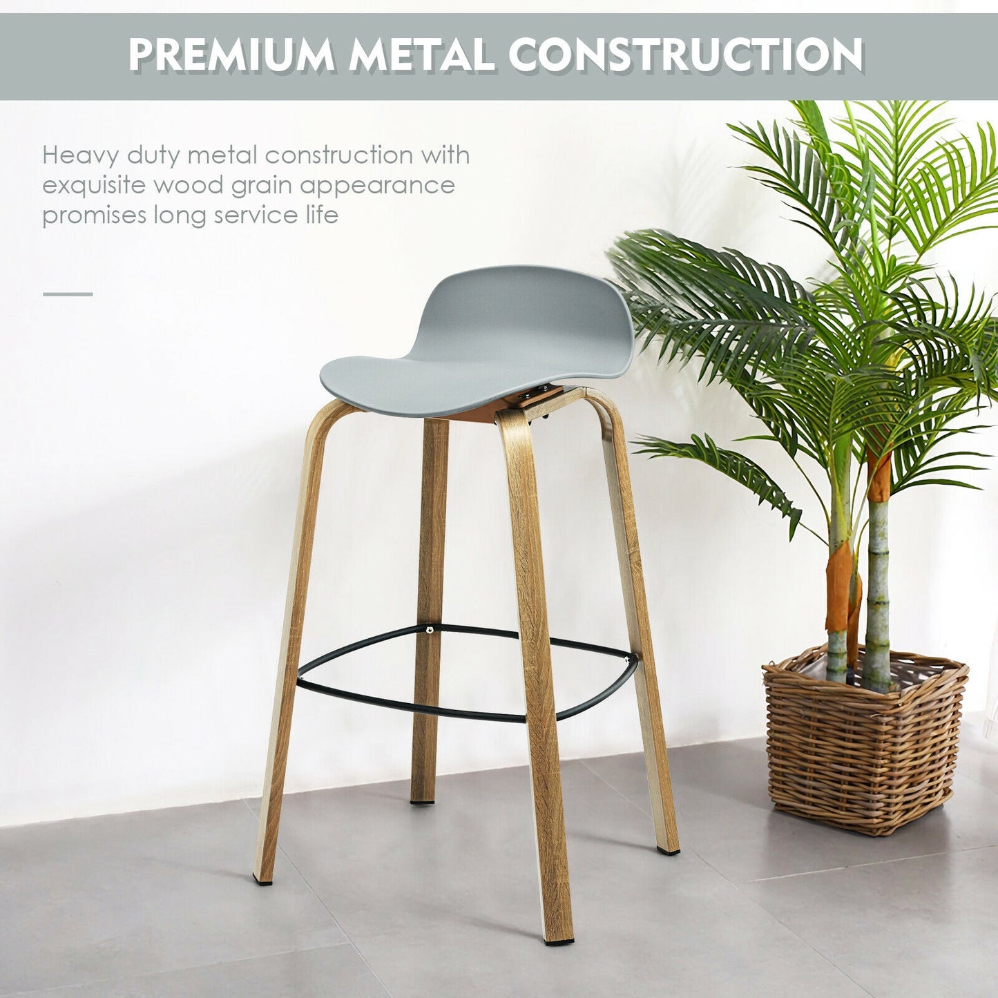 2 Pieces Contemporary Barstools with Low Back and Metal Legs Pub Chairs - Grey