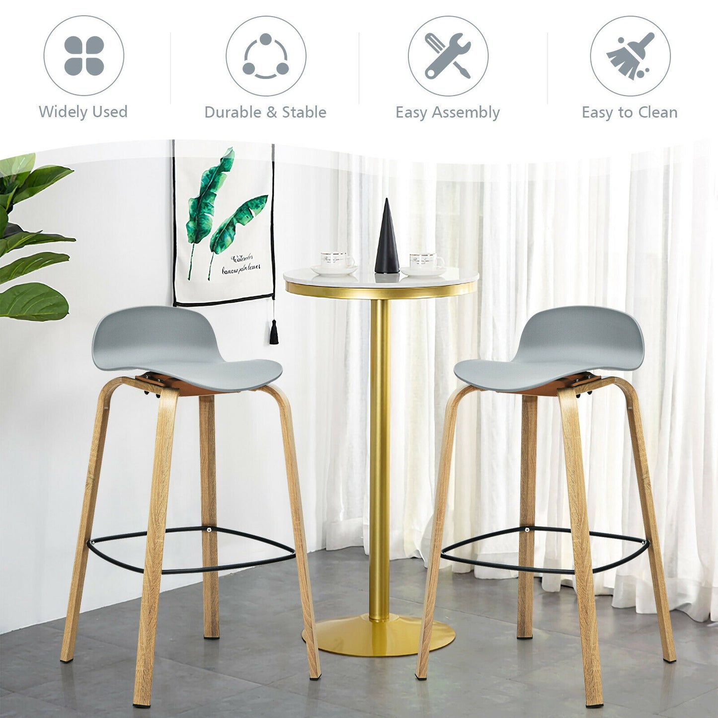 2 Pieces Contemporary Barstools with Low Back and Metal Legs Pub Chairs - Grey