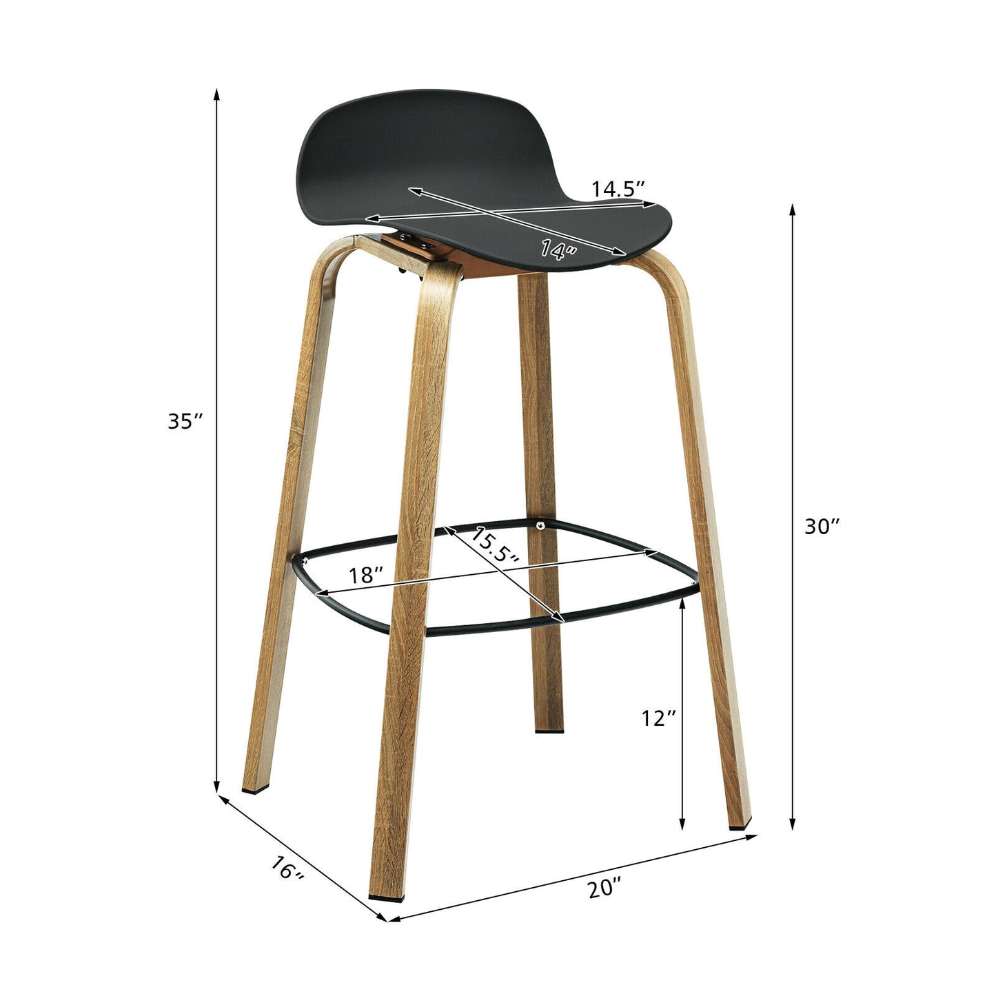 2 Pieces Contemporary Barstools with Low Back and Metal Legs Pub Chairs - Black
