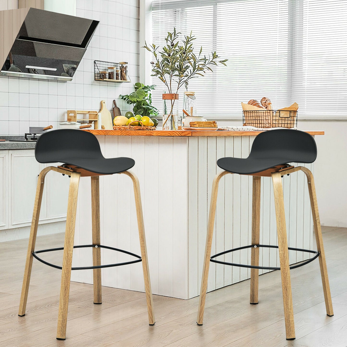 2 Pieces Contemporary Barstools with Low Back and Metal Legs Pub Chairs - Black