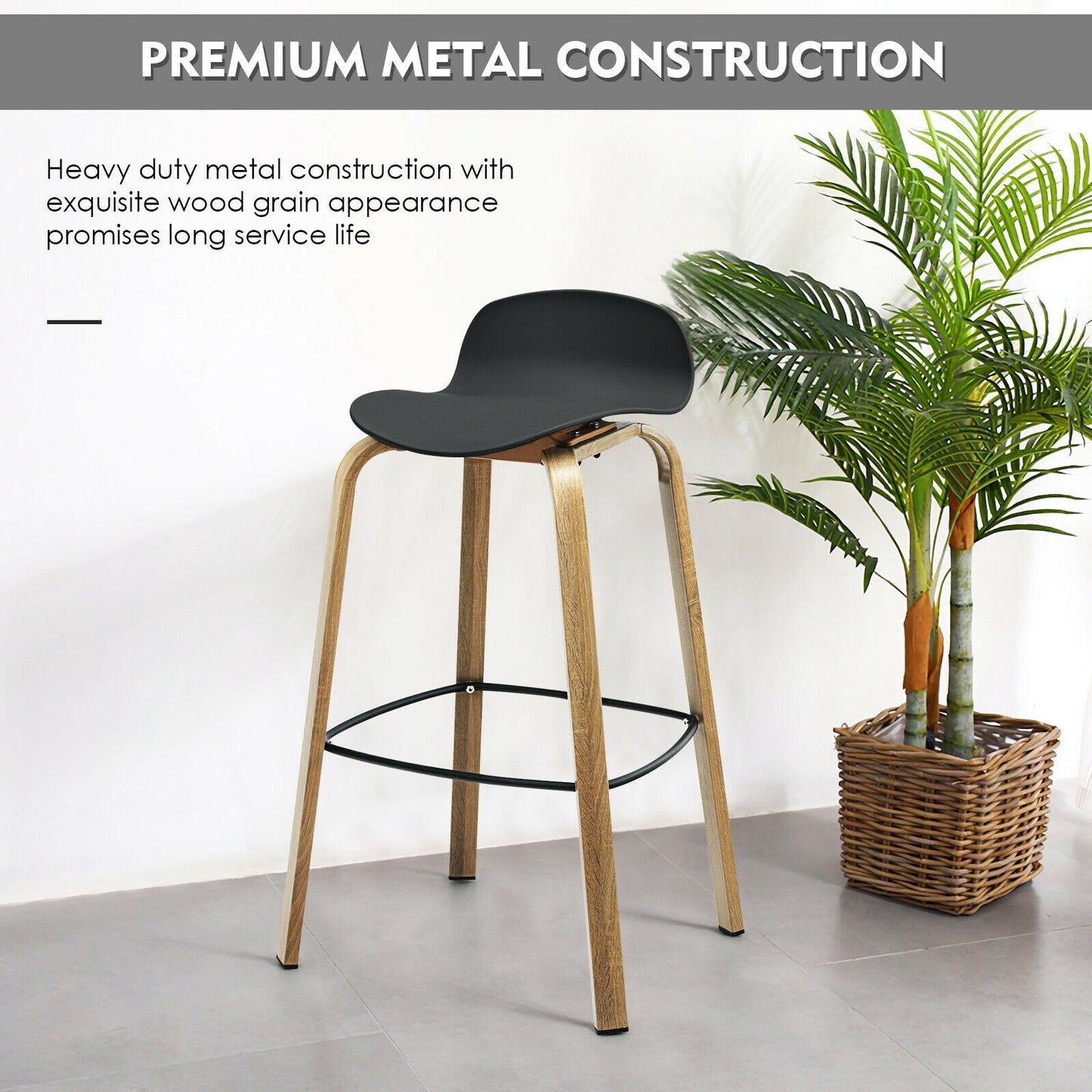 2 Pieces Contemporary Barstools with Low Back and Metal Legs Pub Chairs - Black