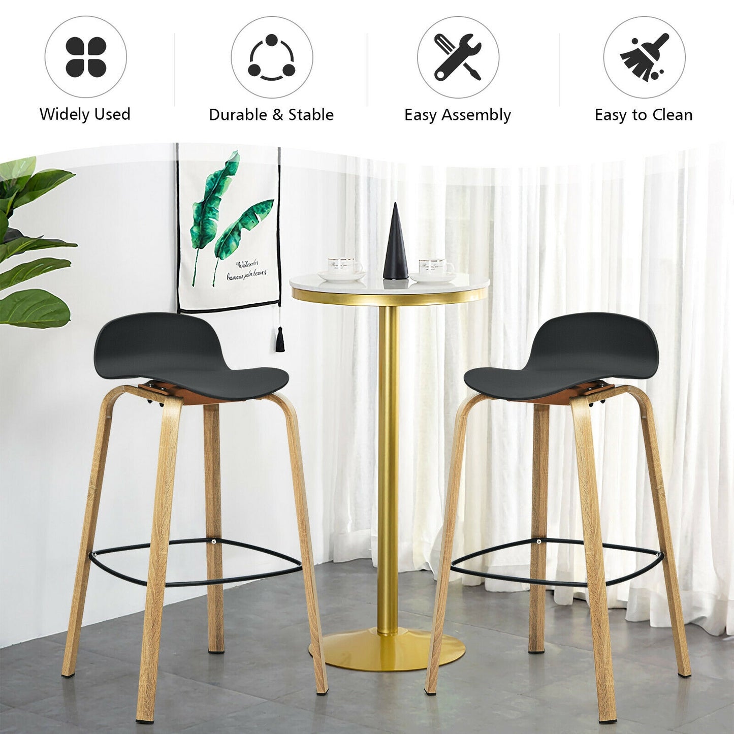 2 Pieces Contemporary Barstools with Low Back and Metal Legs Pub Chairs - Black