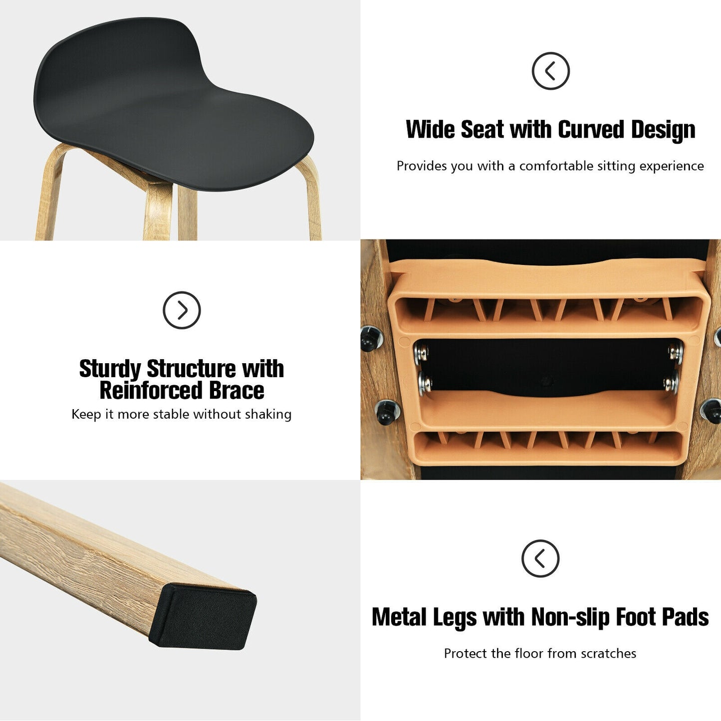 2 Pieces Contemporary Barstools with Low Back and Metal Legs Pub Chairs - Black