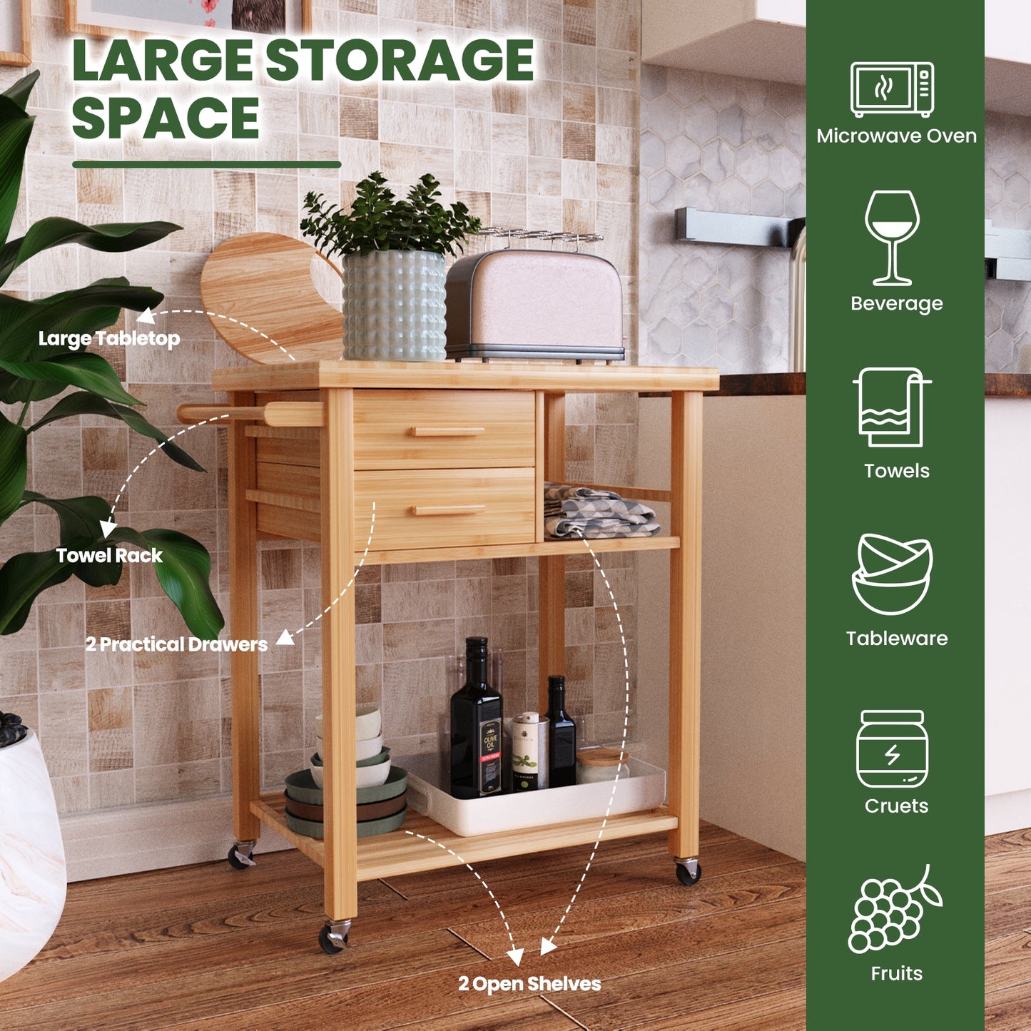 Natural Bamboo Kitchen Island Cart with Storage Shelves Drawers and Towel Rack
