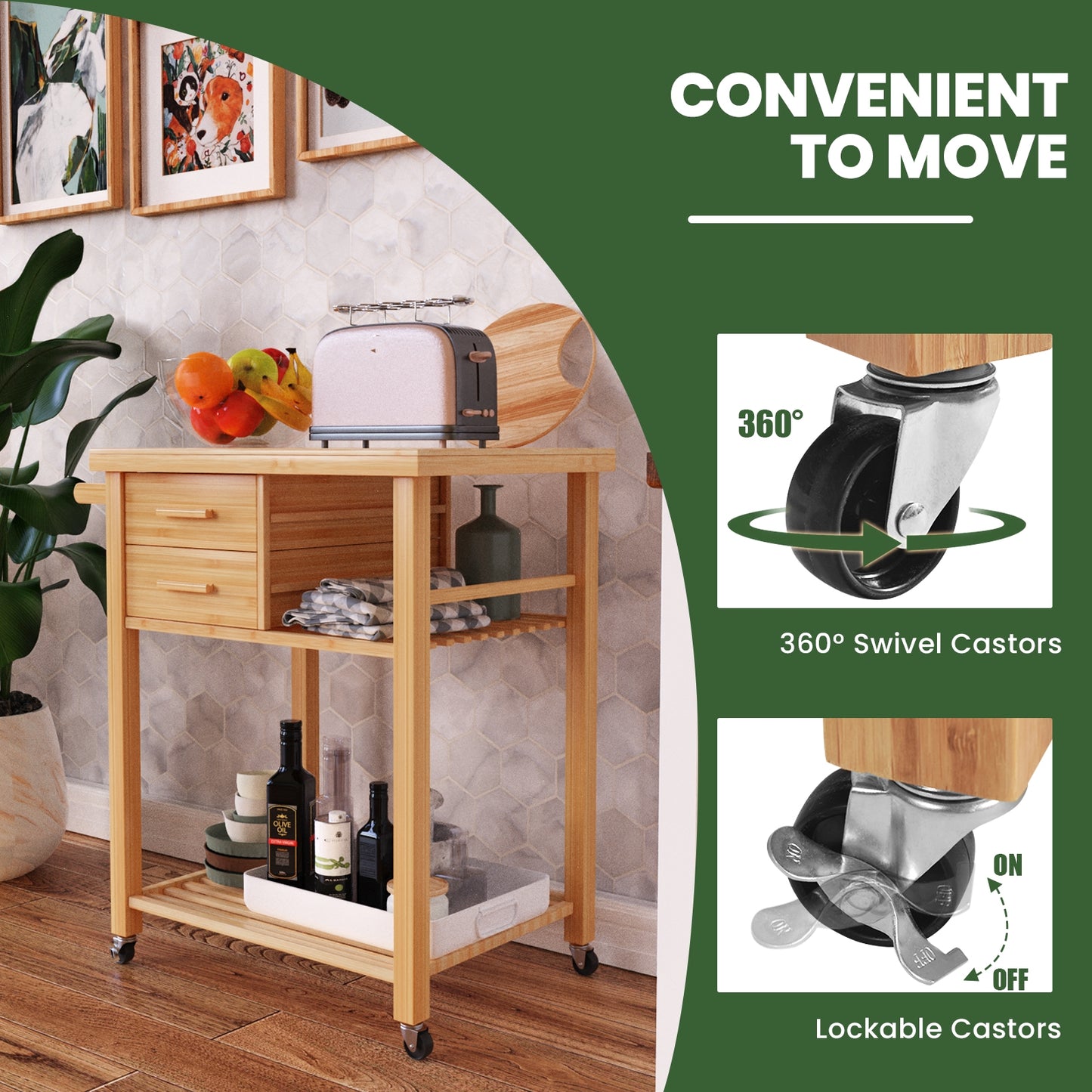 Natural Bamboo Kitchen Island Cart with Storage Shelves Drawers and Towel Rack