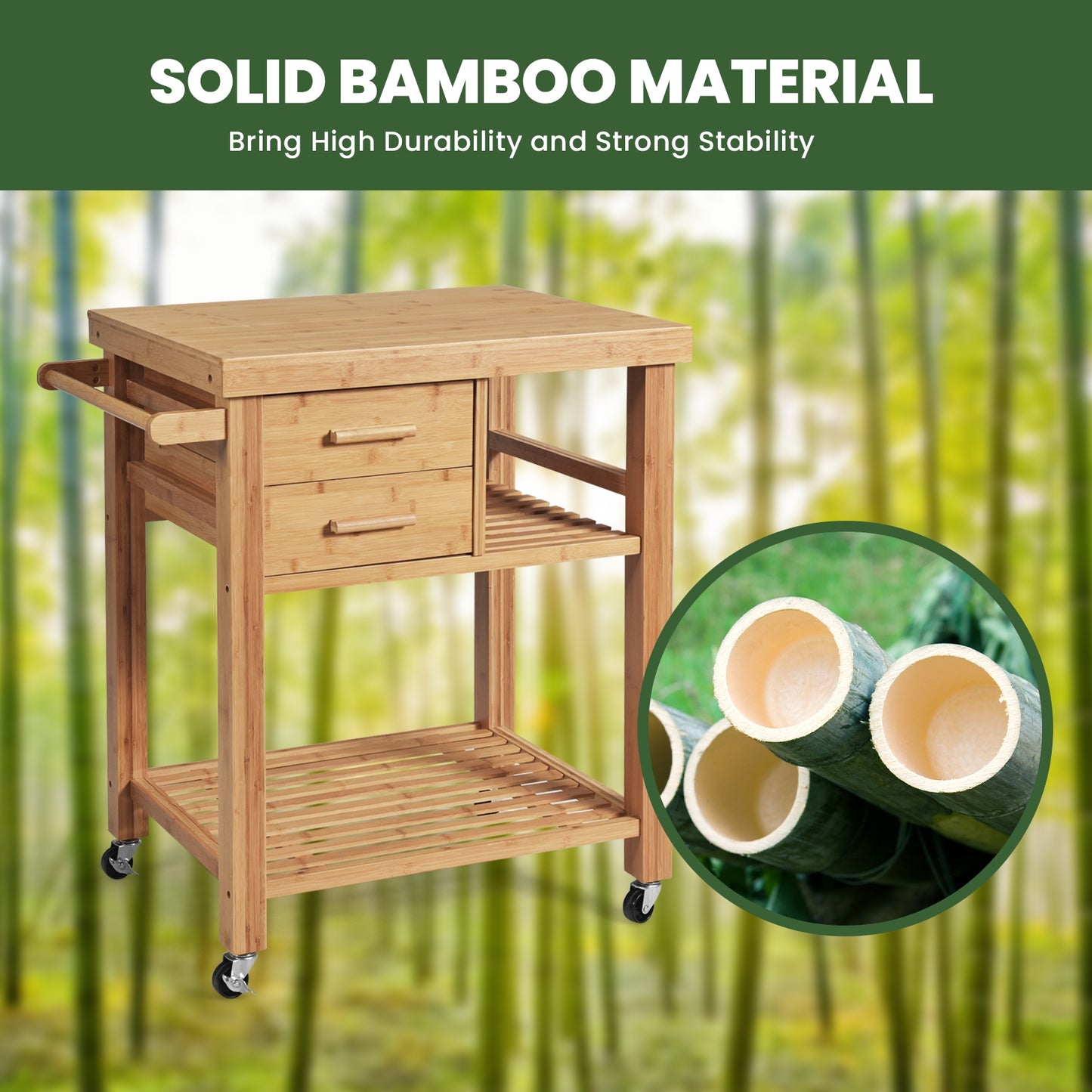 Natural Bamboo Kitchen Island Cart with Storage Shelves Drawers and Towel Rack