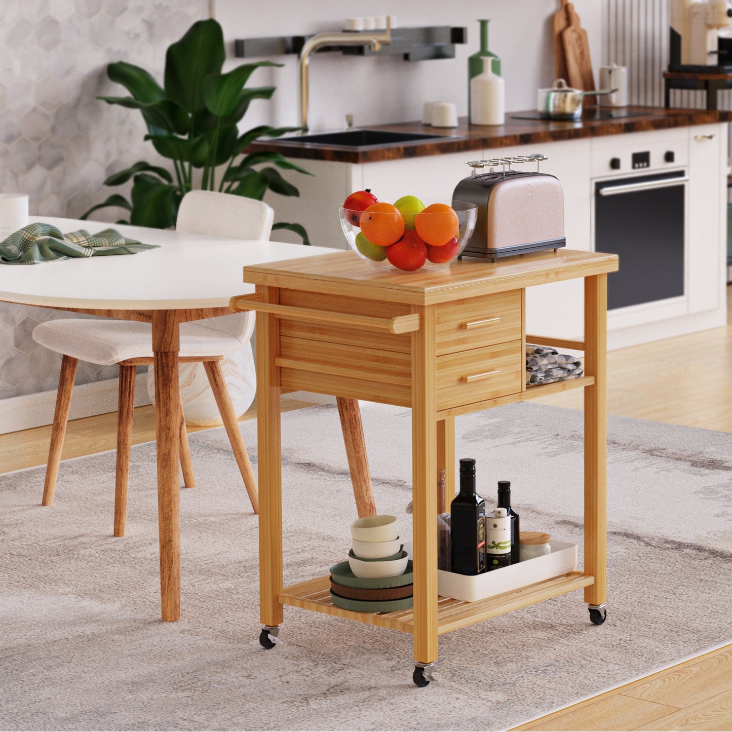 Natural Bamboo Kitchen Island Cart with Storage Shelves Drawers and Towel Rack