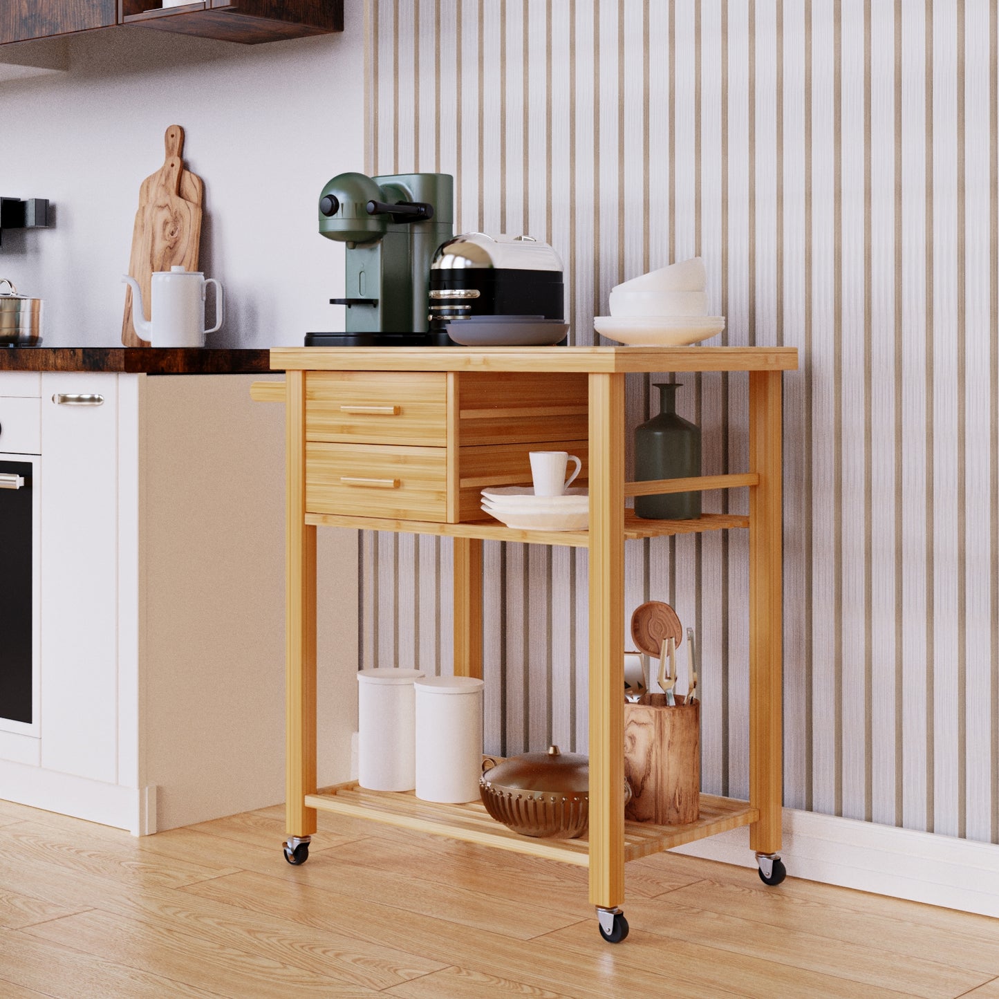 Natural Bamboo Kitchen Island Cart with Storage Shelves Drawers and Towel Rack