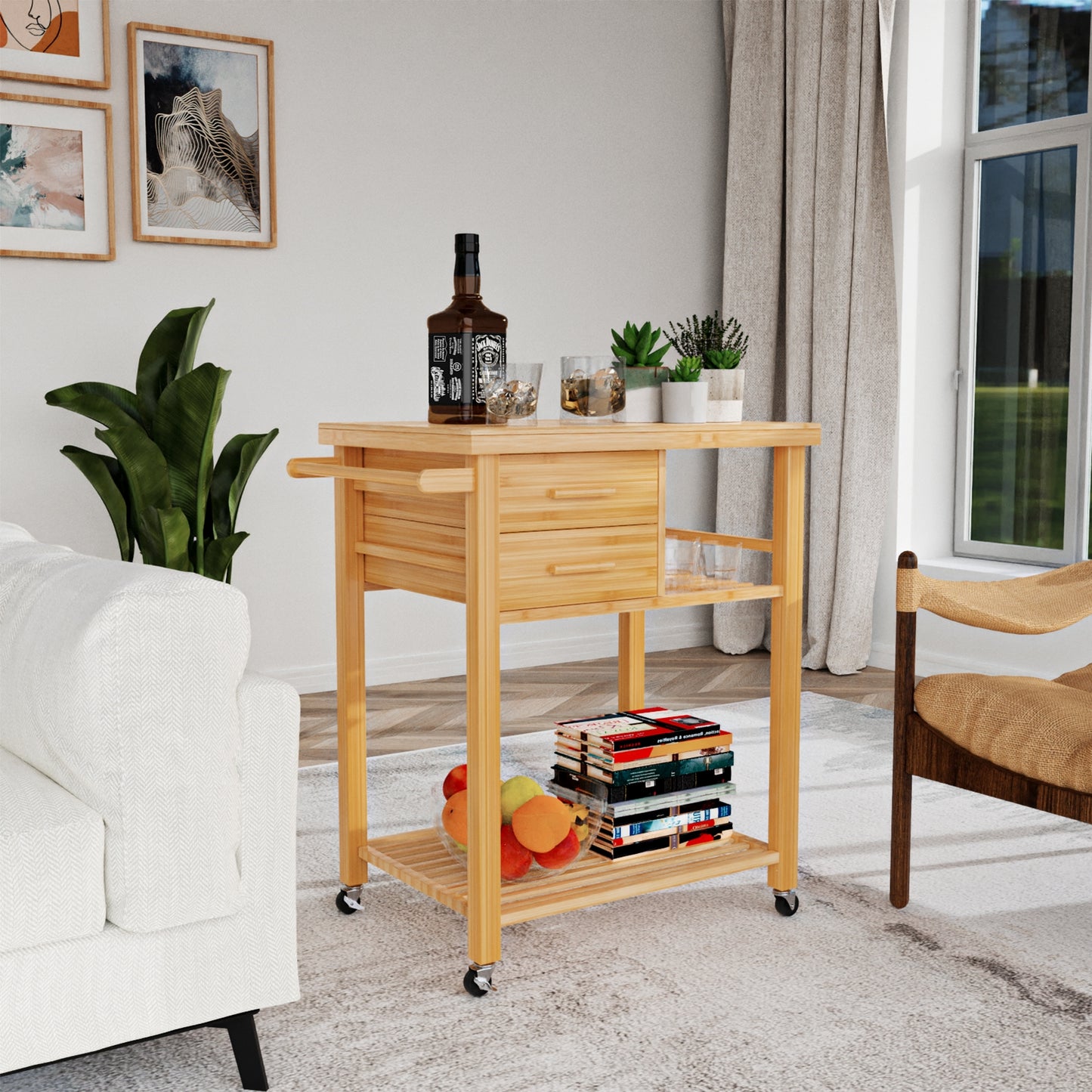 Natural Bamboo Kitchen Island Cart with Storage Shelves Drawers and Towel Rack