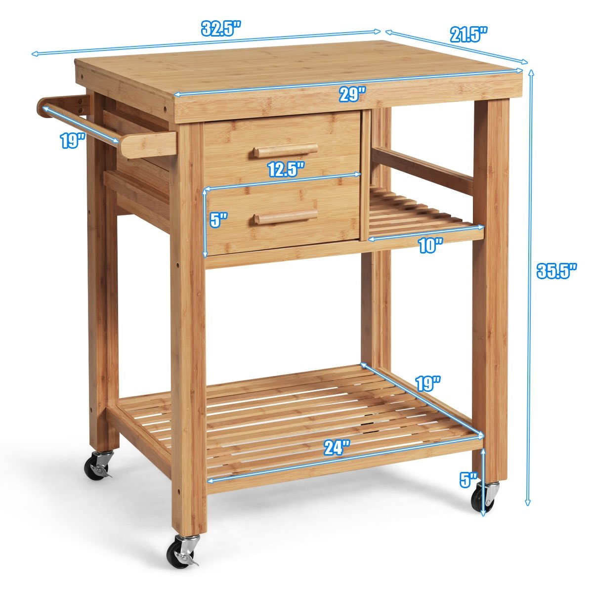 Natural Bamboo Kitchen Island Cart with Storage Shelves Drawers and Towel Rack