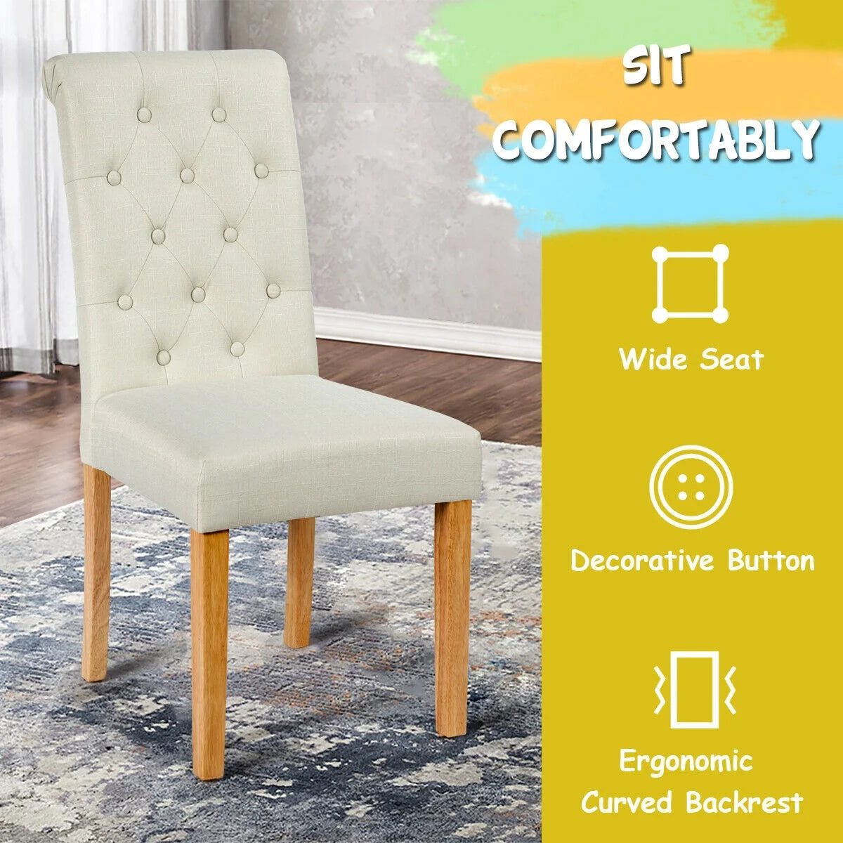 Set of 2 Modern Tufted Dining Chairs with Comfortable Cushioned Seat - Beige