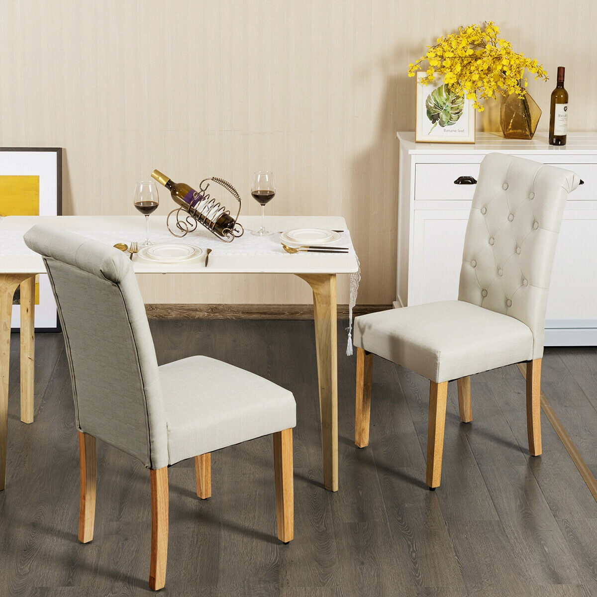 Set of 2 Modern Tufted Dining Chairs with Comfortable Cushioned Seat - Beige