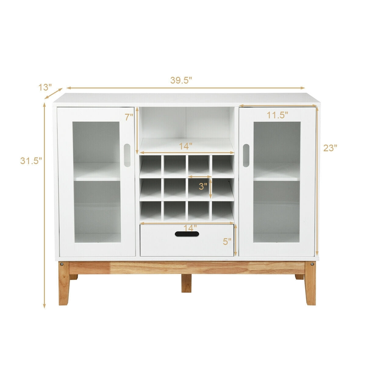 Wood Buffet Sideboard with Wine Rack Glass Door Cabinets Drawer and Open Shelf