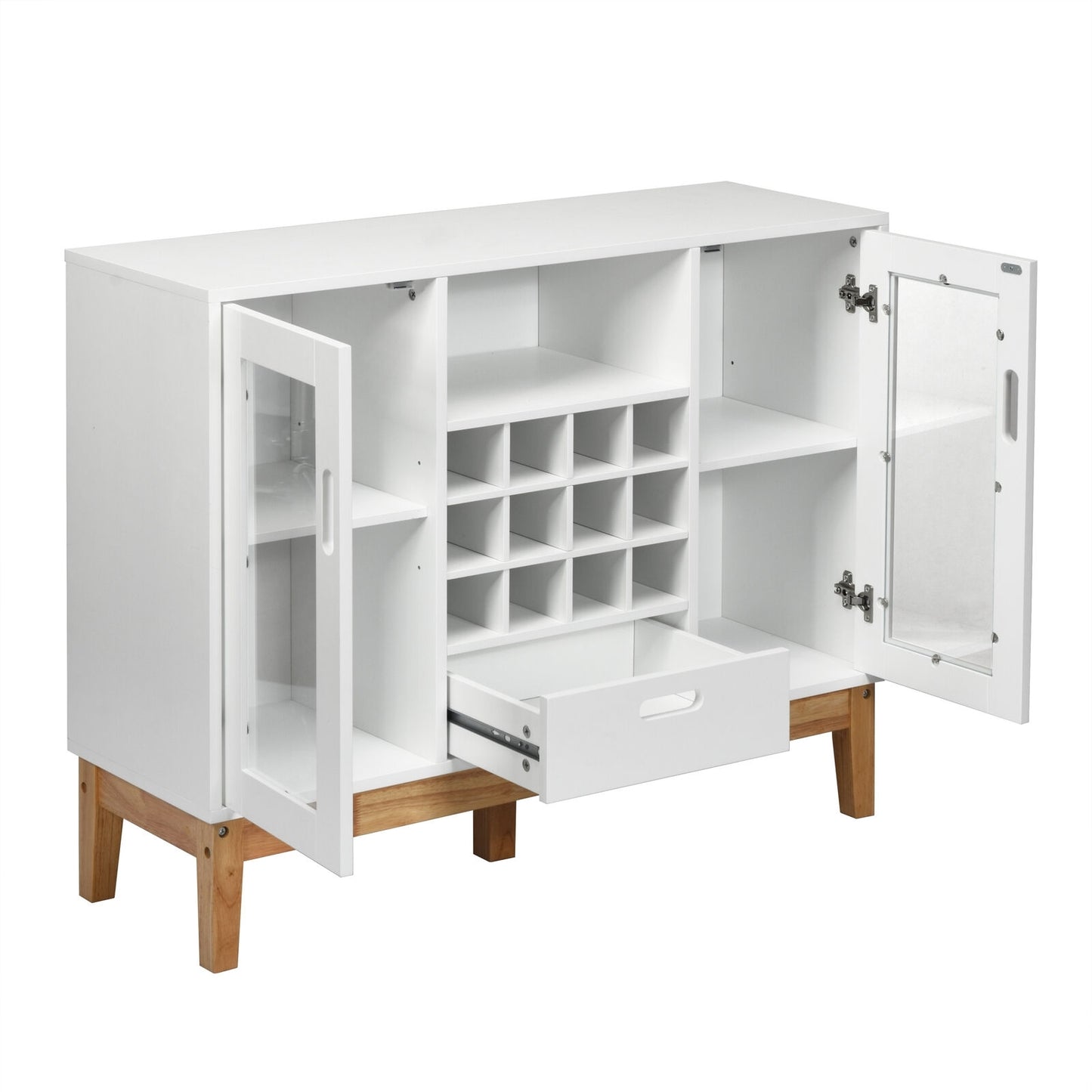 Wood Buffet Sideboard with Wine Rack Glass Door Cabinets Drawer and Open Shelf