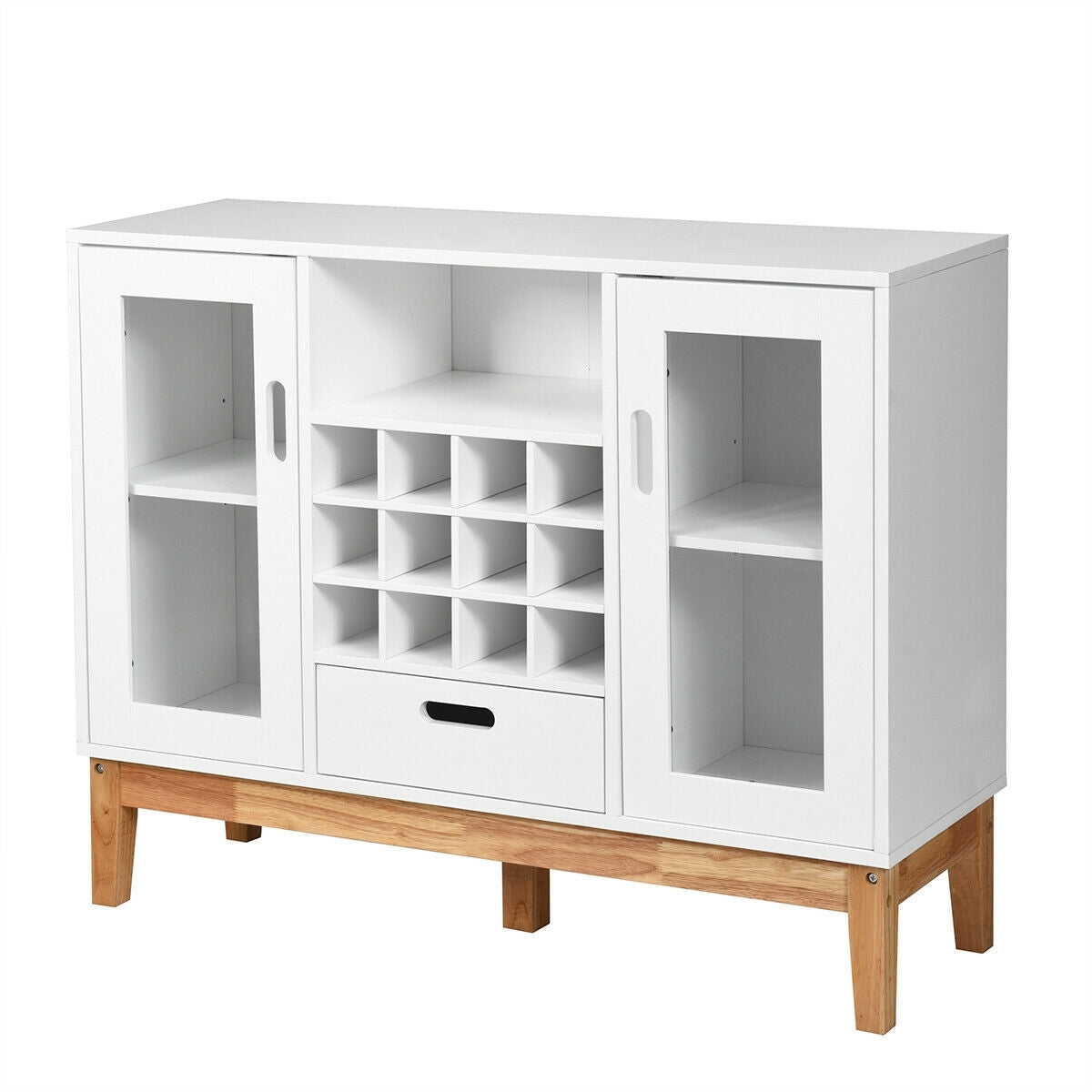 Wood Buffet Sideboard with Wine Rack Glass Door Cabinets Drawer and Open Shelf