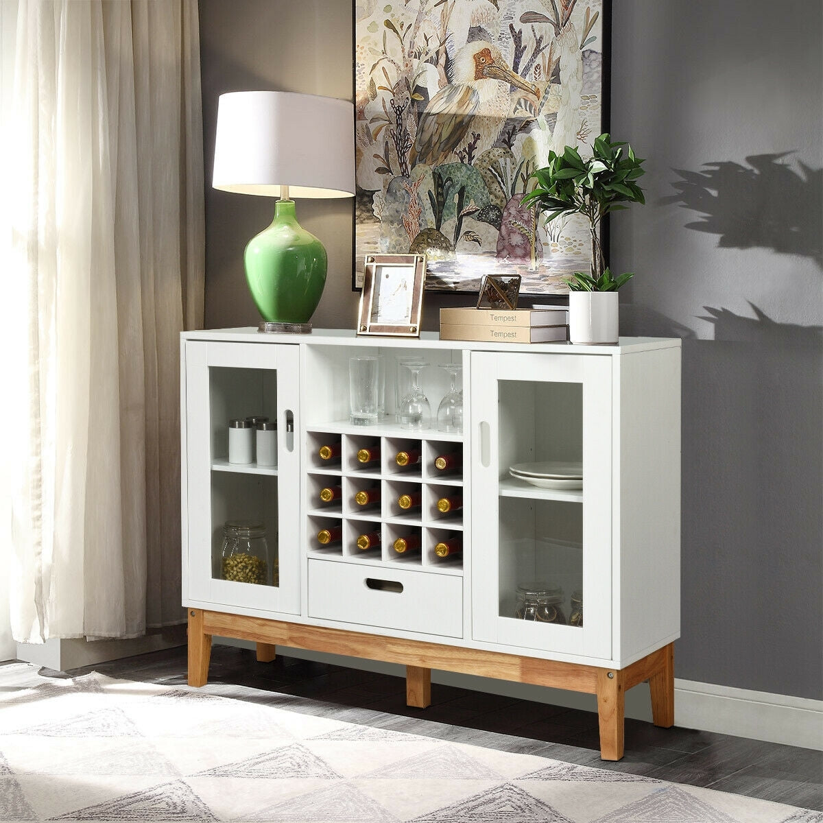 Wood Buffet Sideboard with Wine Rack Glass Door Cabinets Drawer and Open Shelf