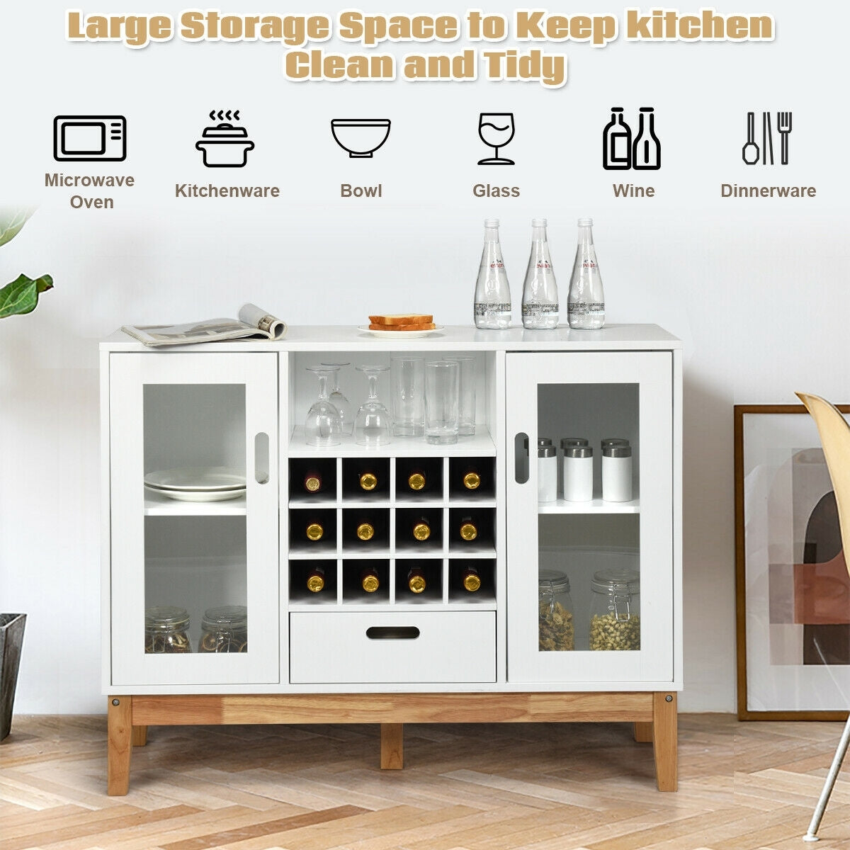 Wood Buffet Sideboard with Wine Rack Glass Door Cabinets Drawer and Open Shelf