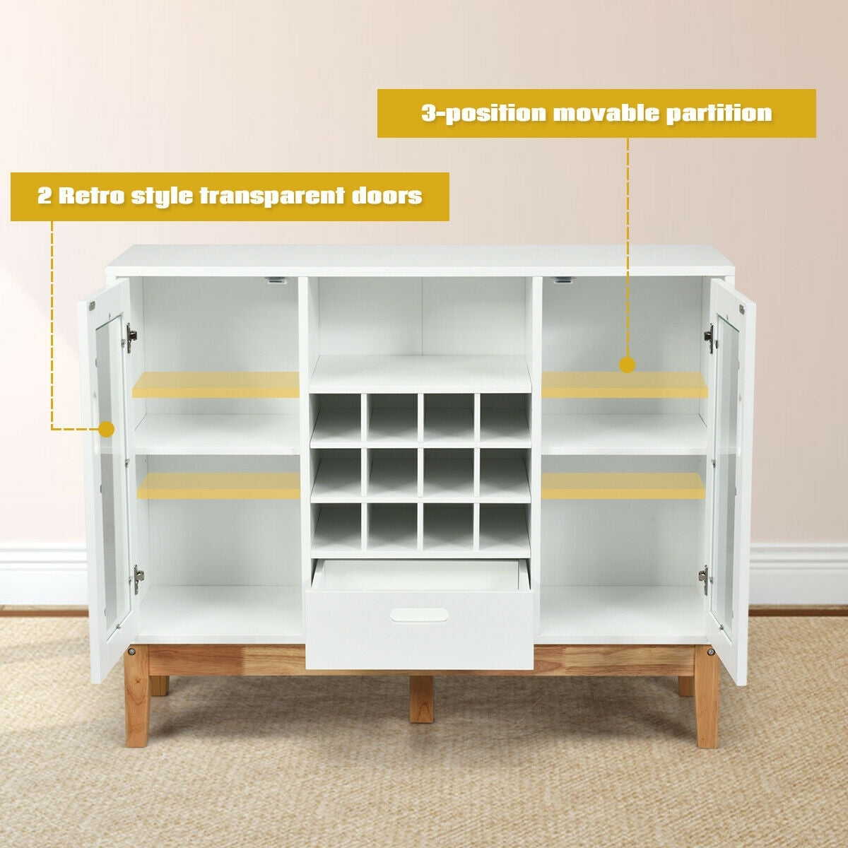 Wood Buffet Sideboard with Wine Rack Glass Door Cabinets Drawer and Open Shelf