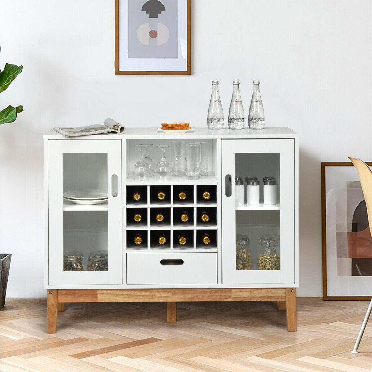 Wood Buffet Sideboard with Wine Rack Glass Door Cabinets Drawer and Open Shelf