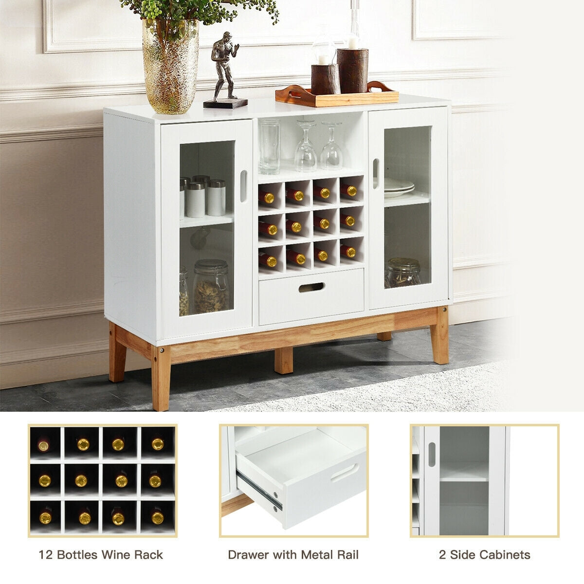 Wood Buffet Sideboard with Wine Rack Glass Door Cabinets Drawer and Open Shelf