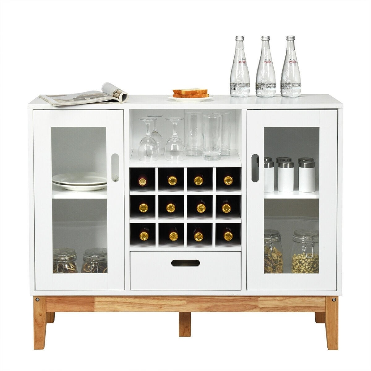 Wood Buffet Sideboard with Wine Rack Glass Door Cabinets Drawer and Open Shelf