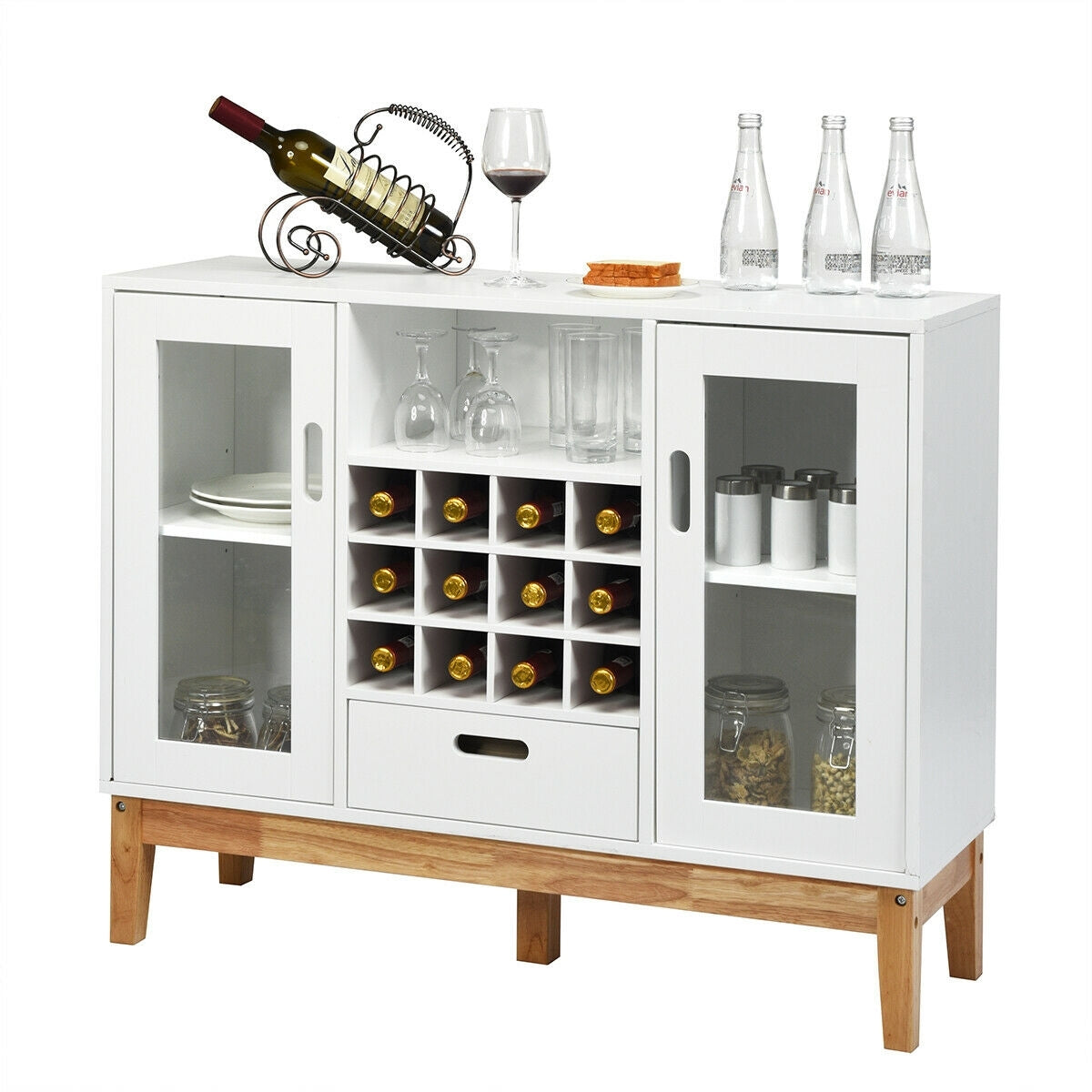 Wood Buffet Sideboard with Wine Rack Glass Door Cabinets Drawer and Open Shelf