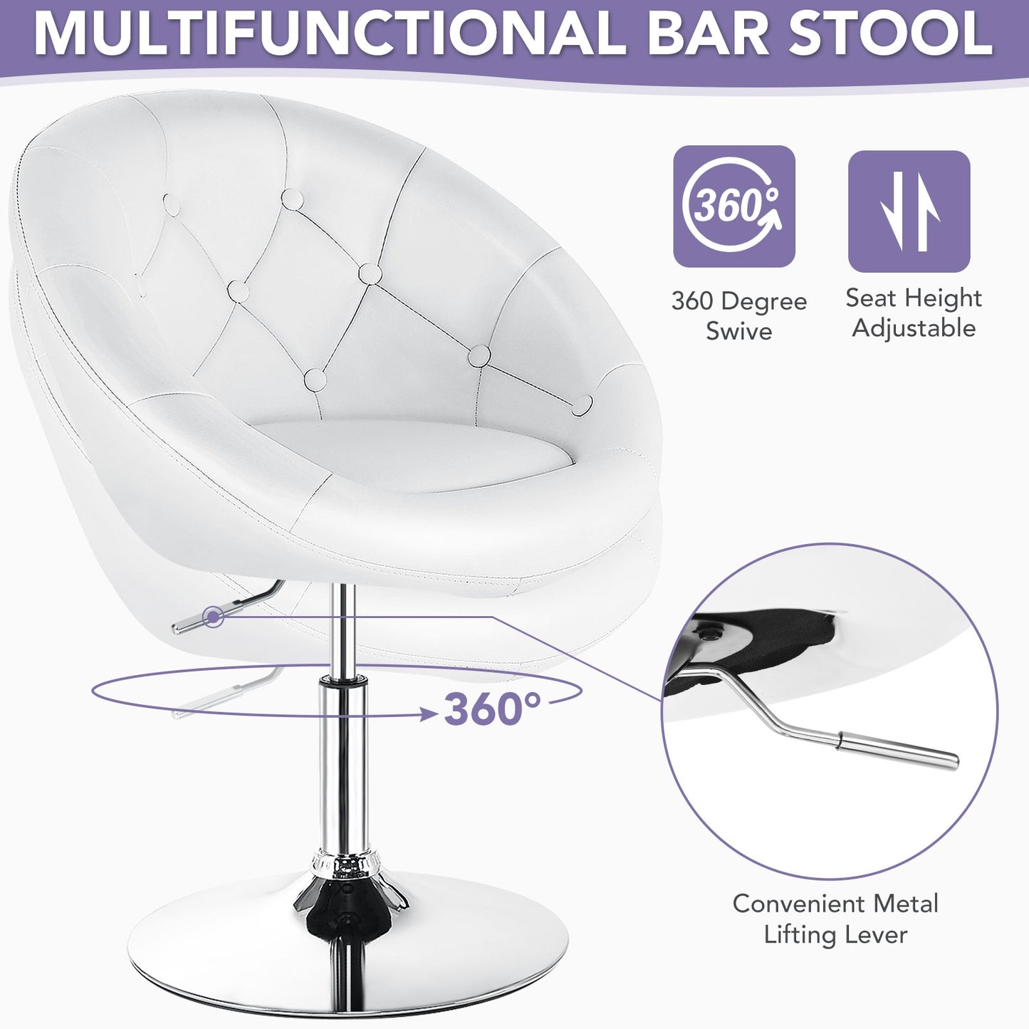 Adjustable Swivel Bar Stool with Round Tufted Back and Chrome Base – White