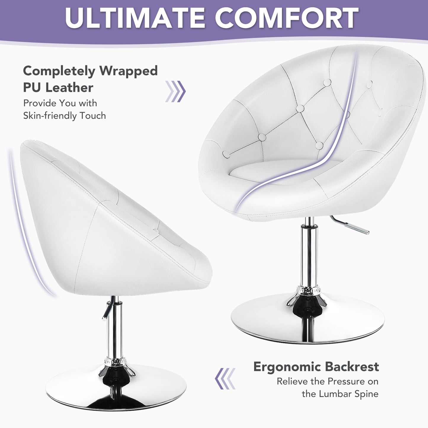 Adjustable Swivel Bar Stool with Round Tufted Back and Chrome Base – White