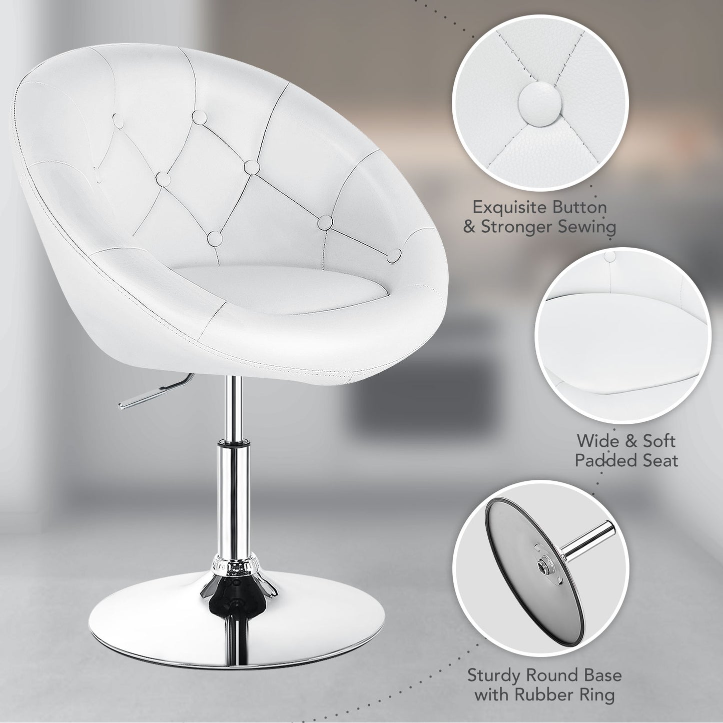 Adjustable Swivel Bar Stool with Round Tufted Back and Chrome Base – White