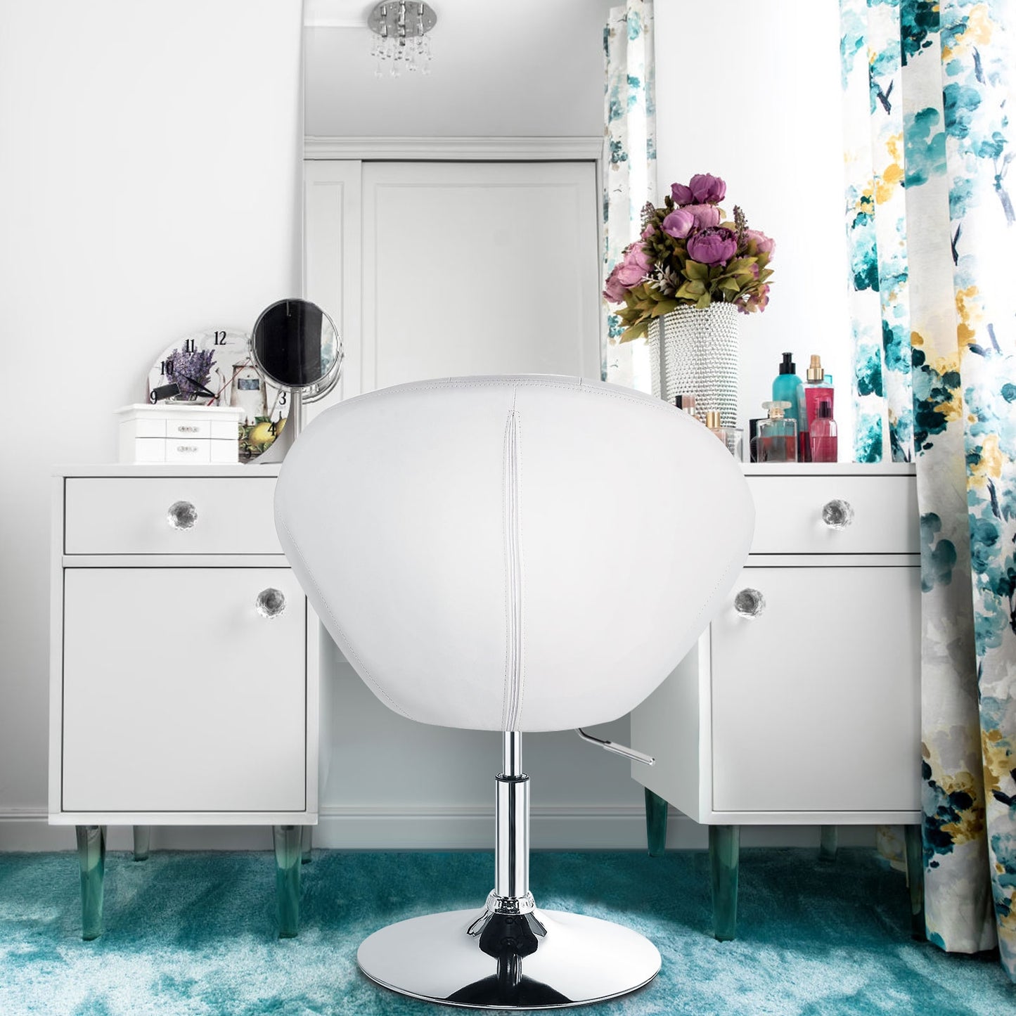 Adjustable Swivel Bar Stool with Round Tufted Back and Chrome Base – White