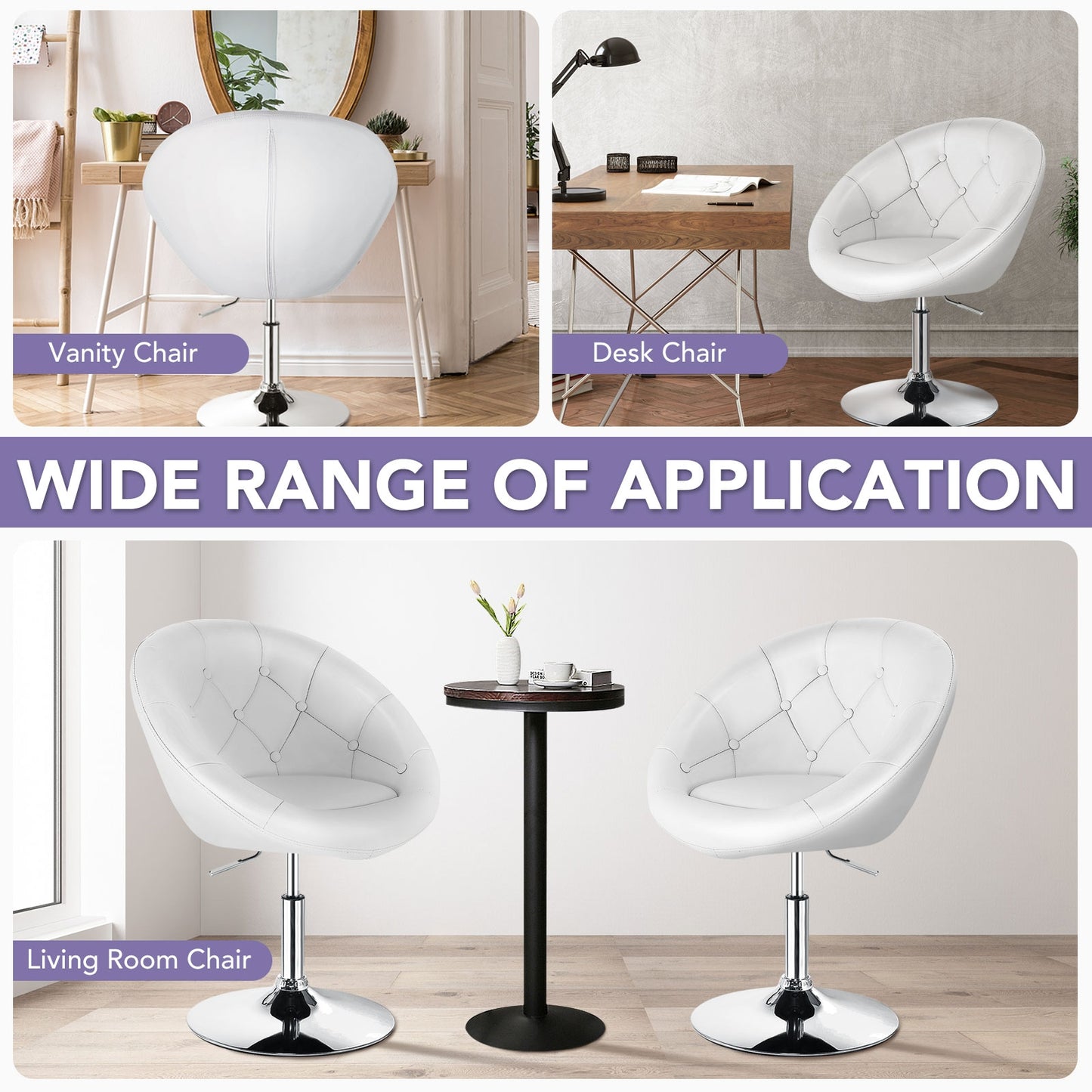 Adjustable Swivel Bar Stool with Round Tufted Back and Chrome Base – White