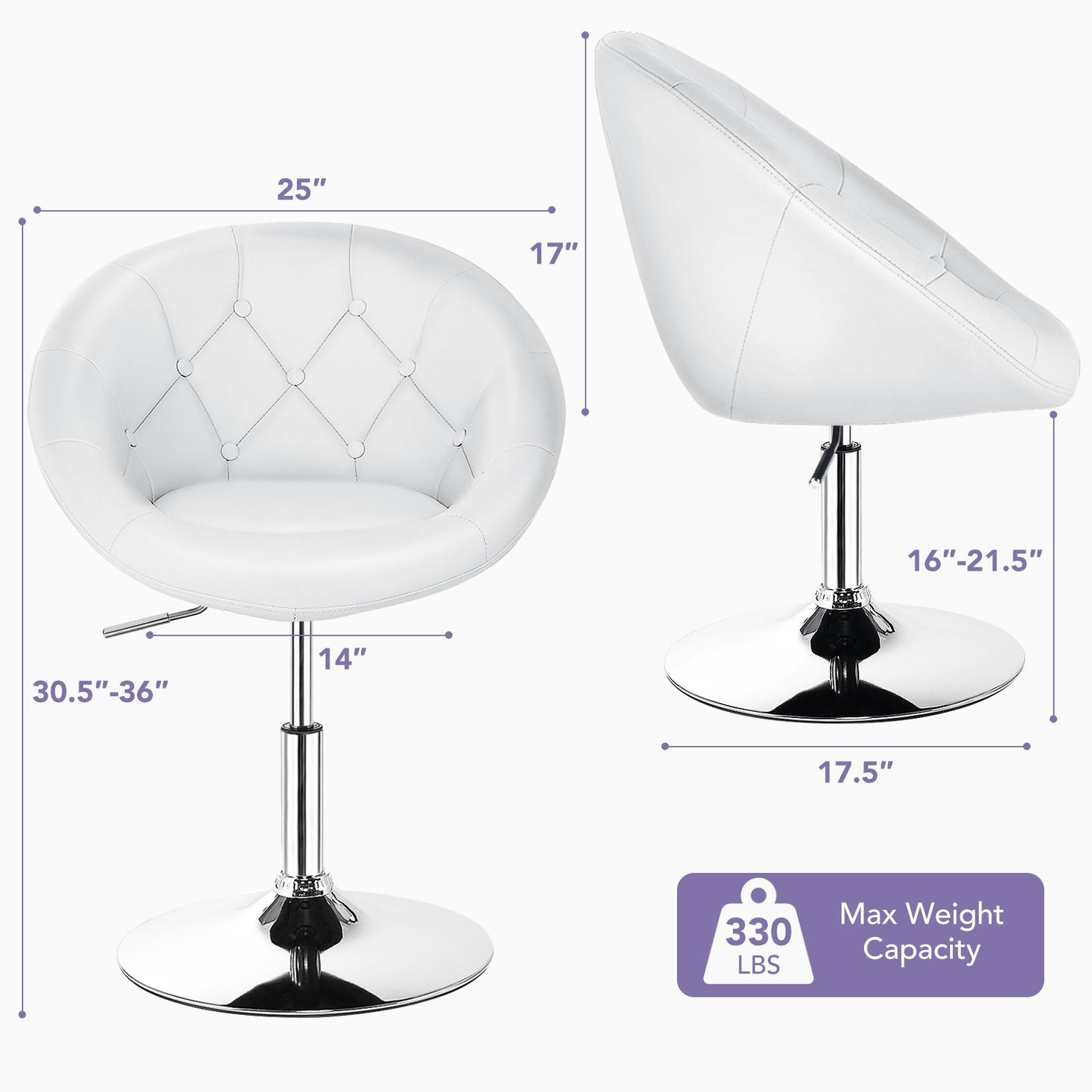 Adjustable Swivel Bar Stool with Round Tufted Back and Chrome Base – White