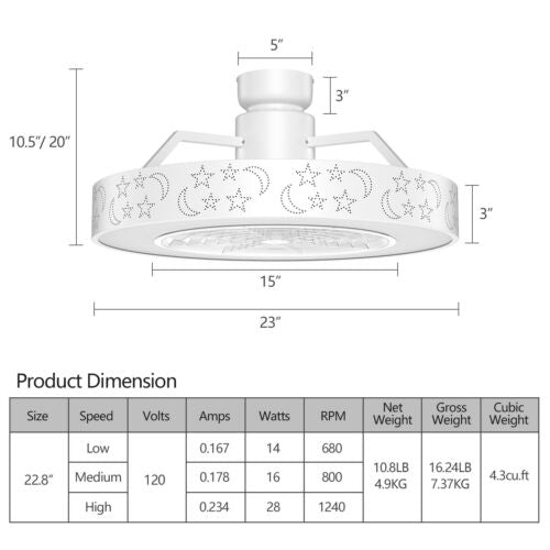 23 Inch Starry Sky Ceiling Fan with Dimmable LED Light & Remote Control – White