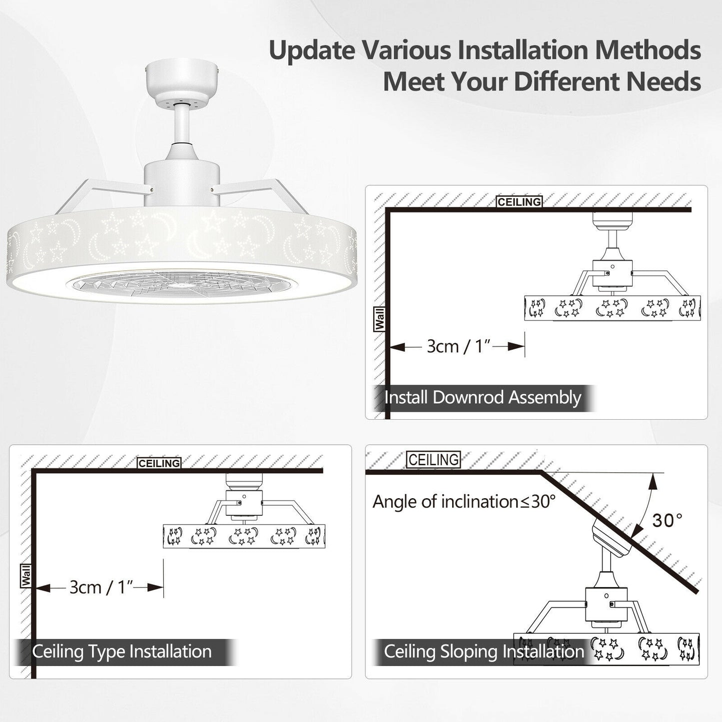 23 Inch Starry Sky Ceiling Fan with Dimmable LED Light & Remote Control – White
