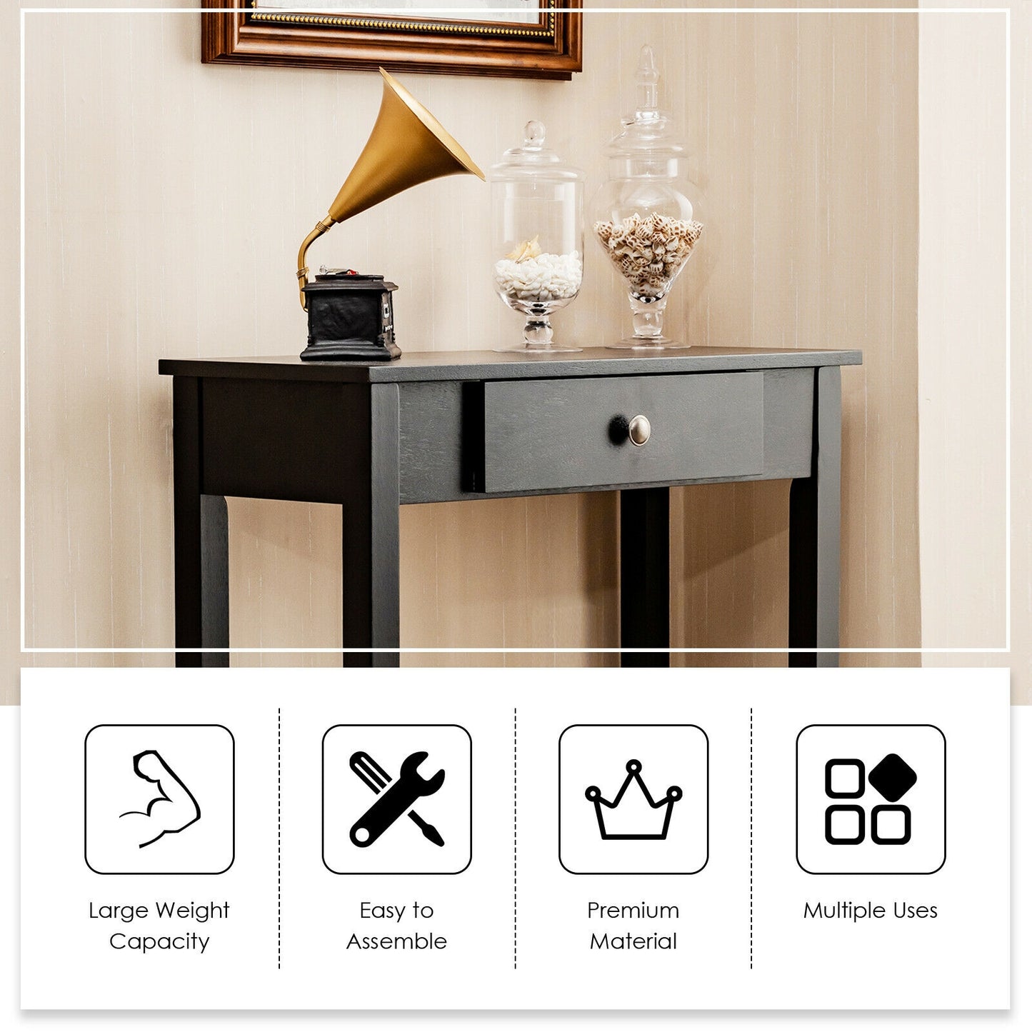 Modern Accent Console Table with Drawer for Living Room or Hallway - Black