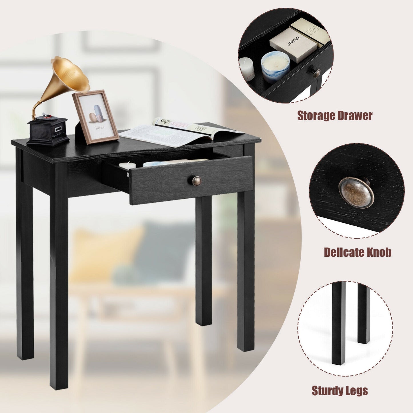 Modern Accent Console Table with Drawer for Living Room or Hallway - Black