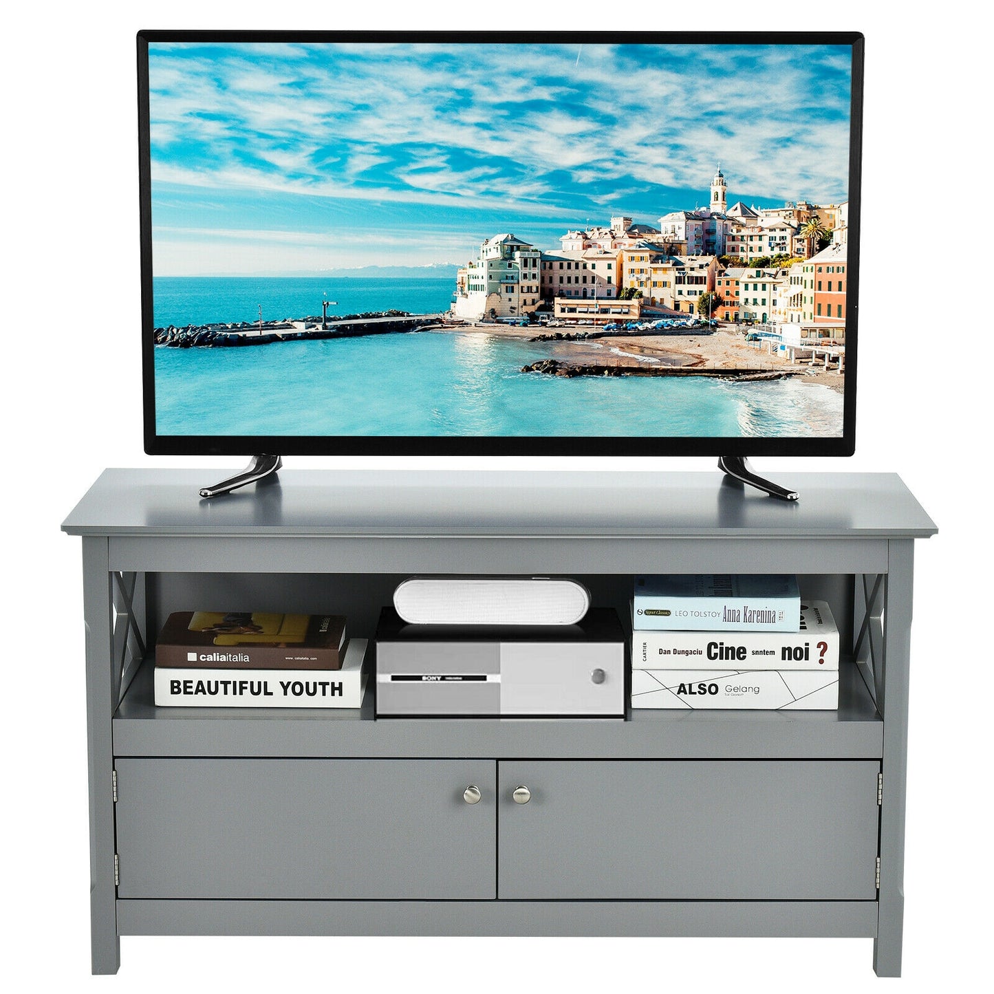 Media Storage TV Cabinet with Charging Station and Open Shelves for 50 Inch TVs - Grey
