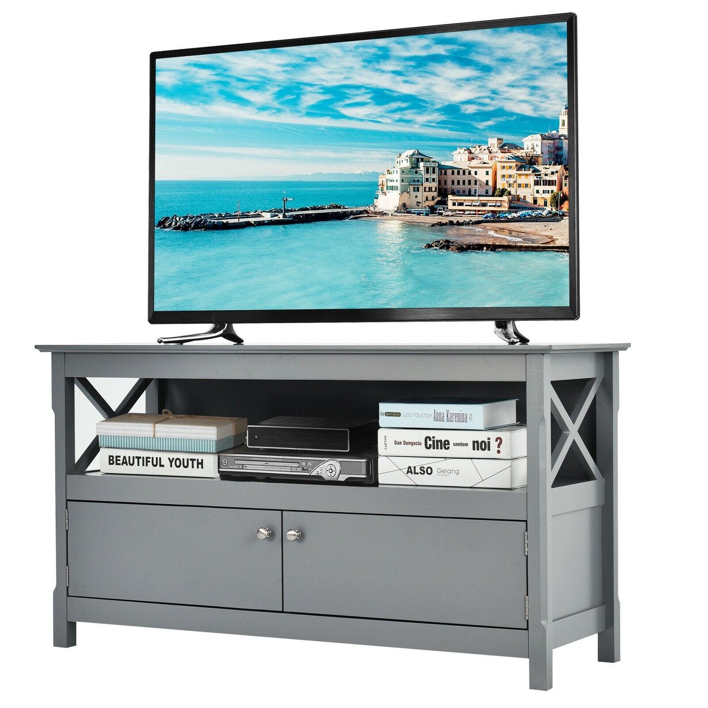 Media Storage TV Cabinet with Charging Station and Open Shelves for 50 Inch TVs - Grey