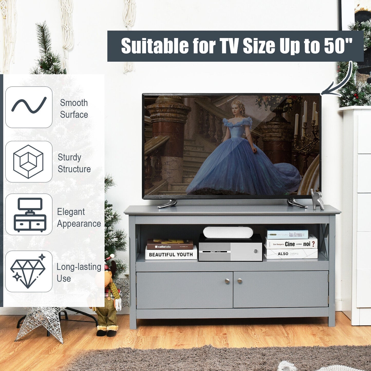 Media Storage TV Cabinet with Charging Station and Open Shelves for 50 Inch TVs - Grey
